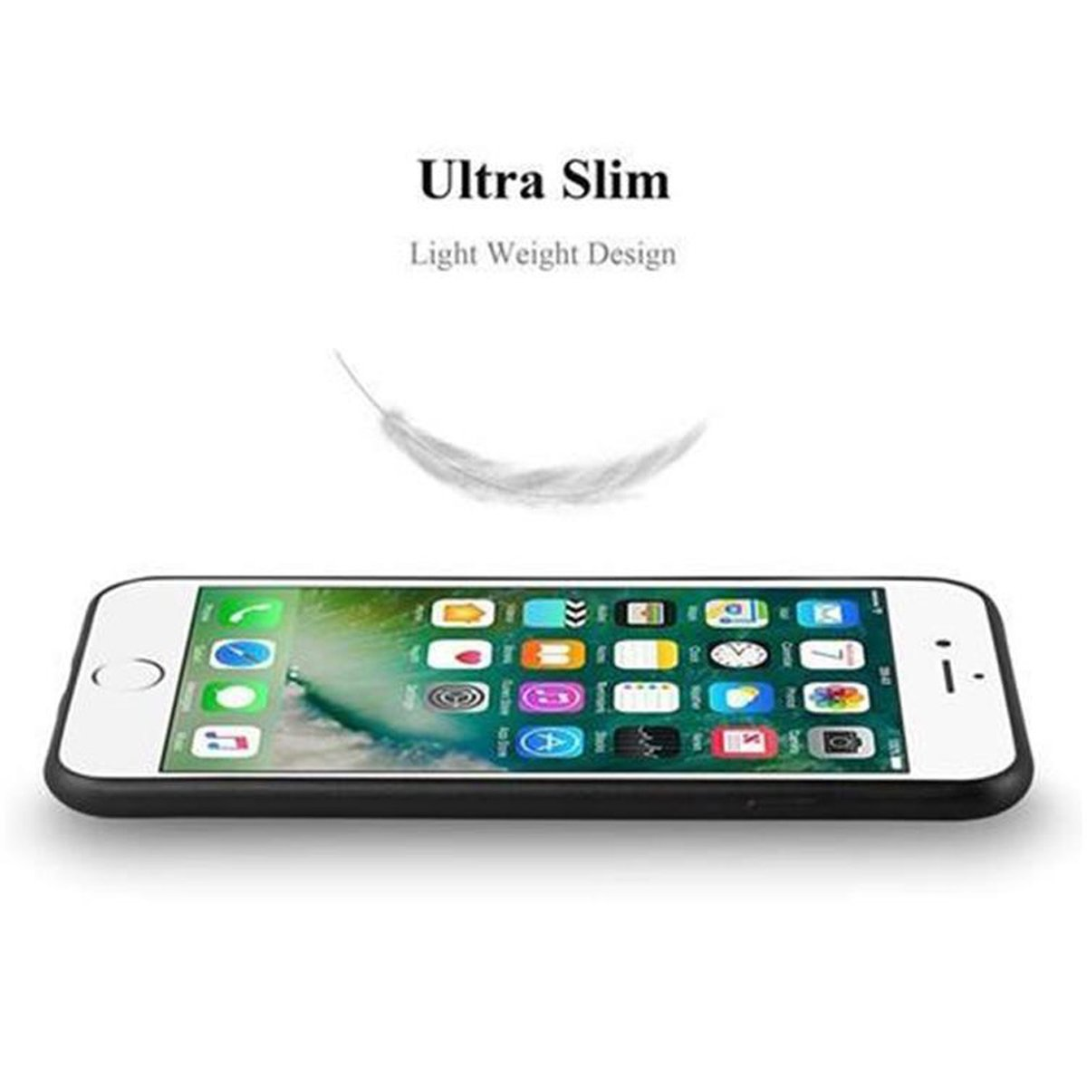 Smartphone con design leggero. Una piuma fluttua sopra il telefono. Sfondo bianco.