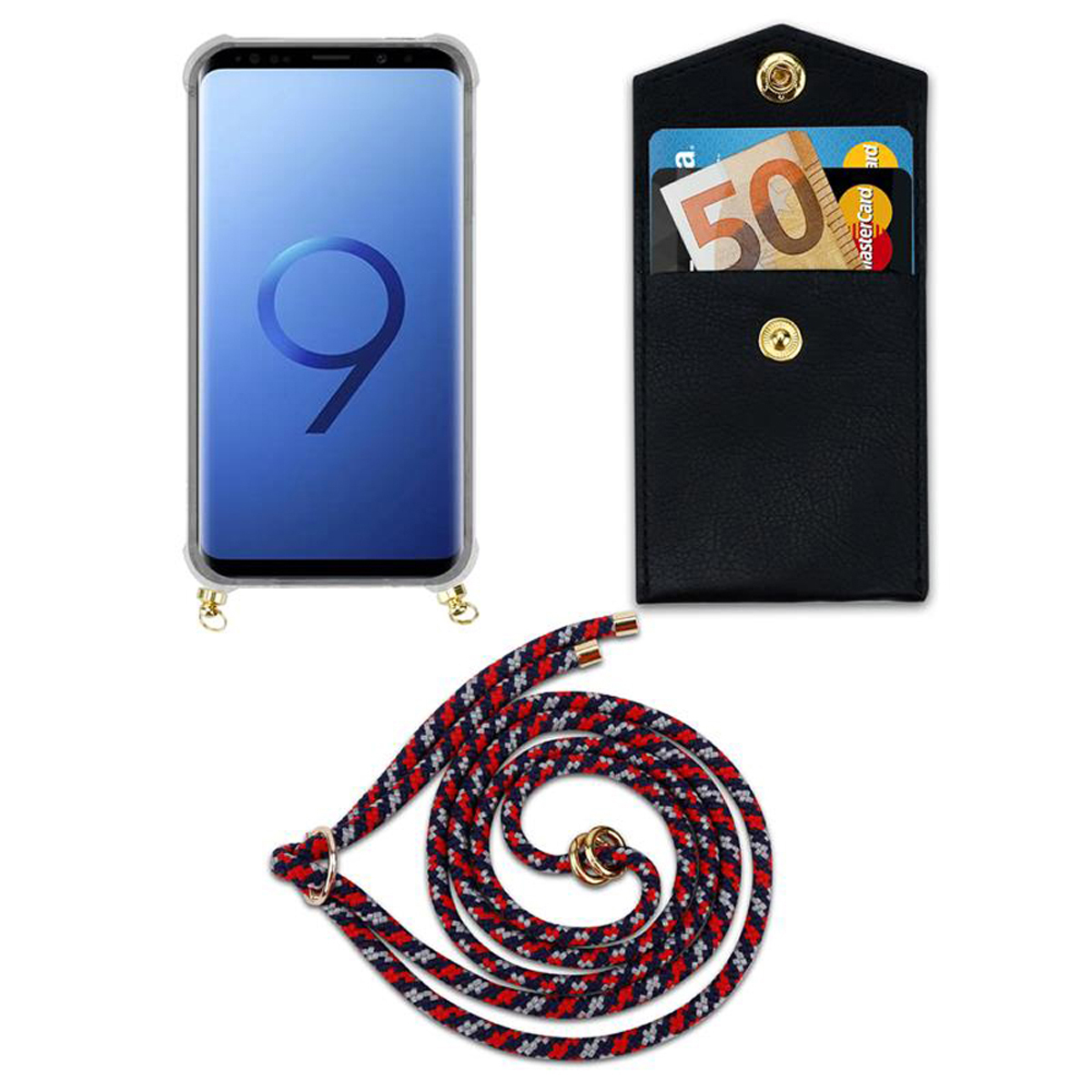 Telefono con cordino e portafoglio. Il portafoglio contiene contanti e carte. Sfondo bianco.