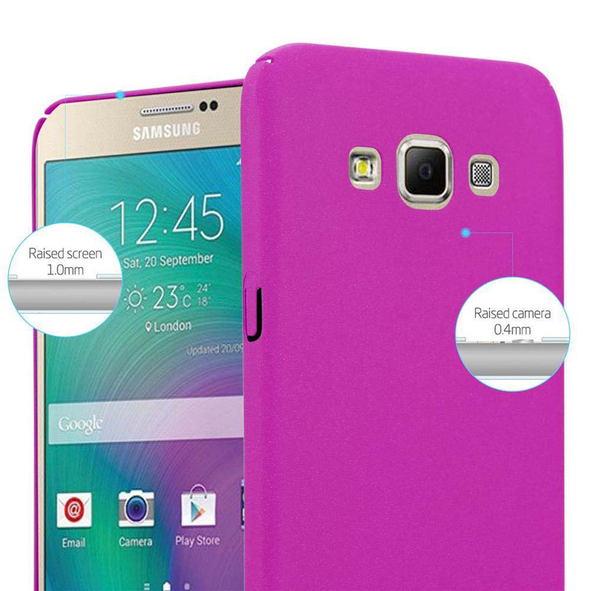 Custodia viola con schermo che mostra informazioni su schermo e fotocamera.