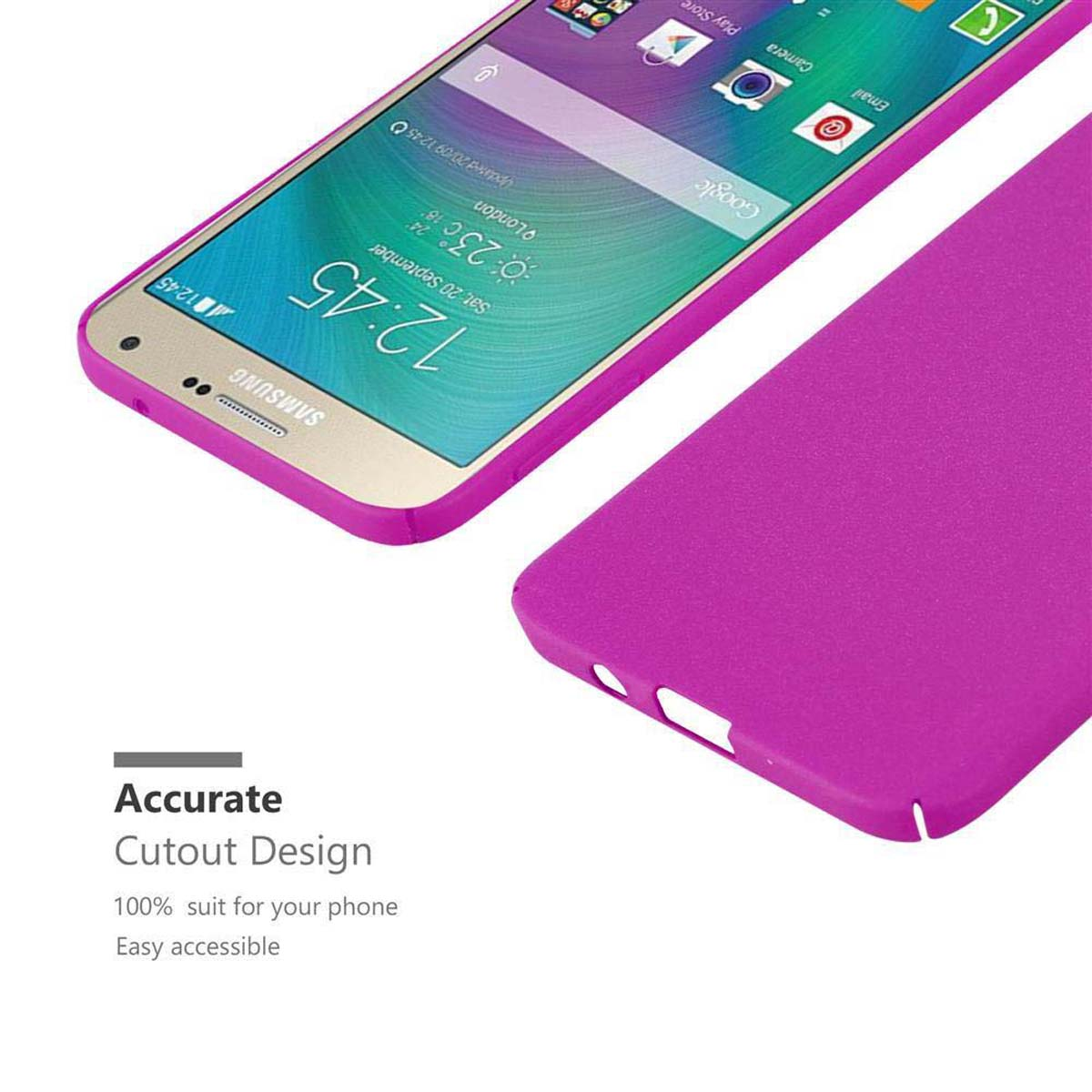 Telefono viola con custodia. Testo: Design preciso. Sfondo bianco.