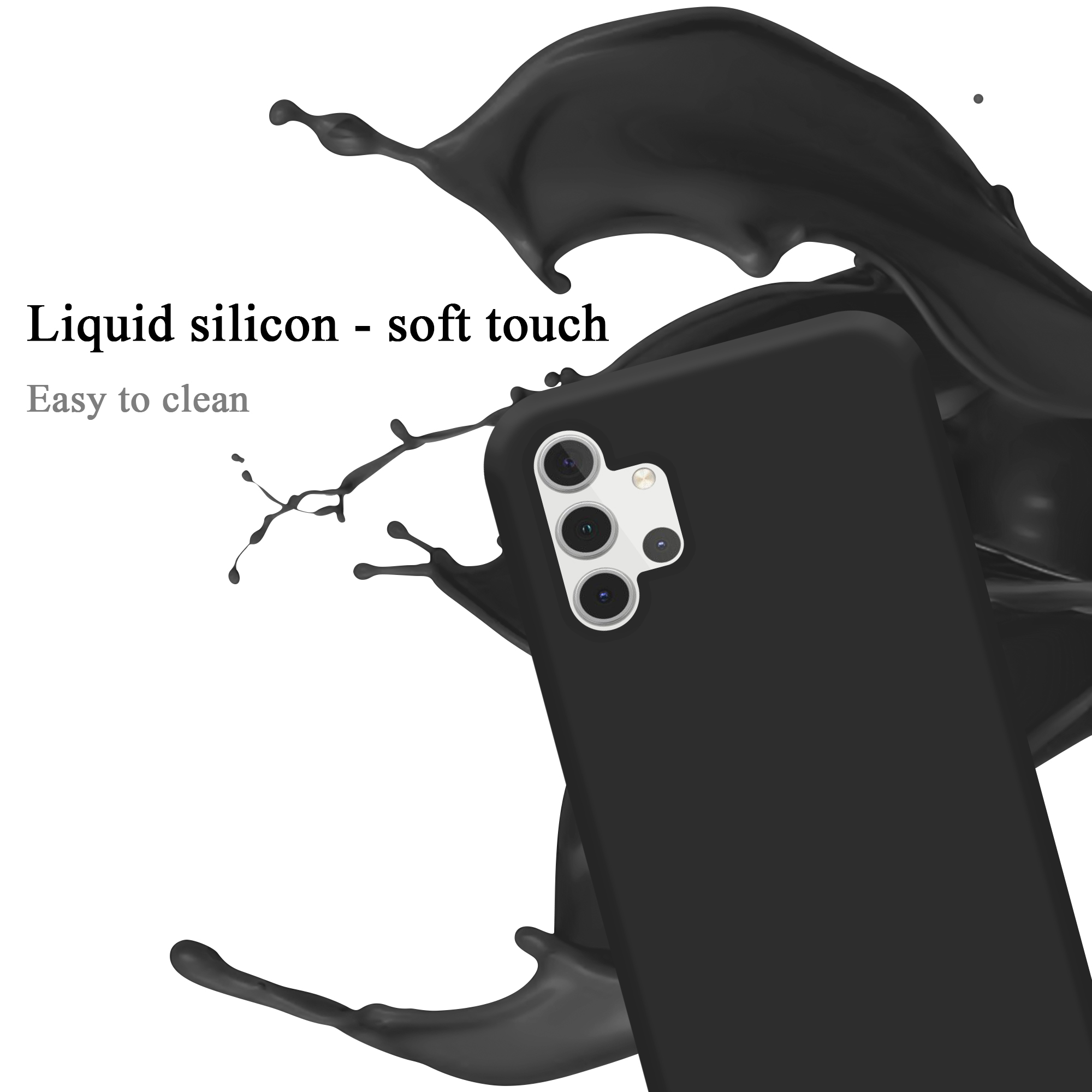 Schwarze Handyhülle mit einem Spritzer schwarzer Flüssigkeit. Das Telefon hat drei Kameras.