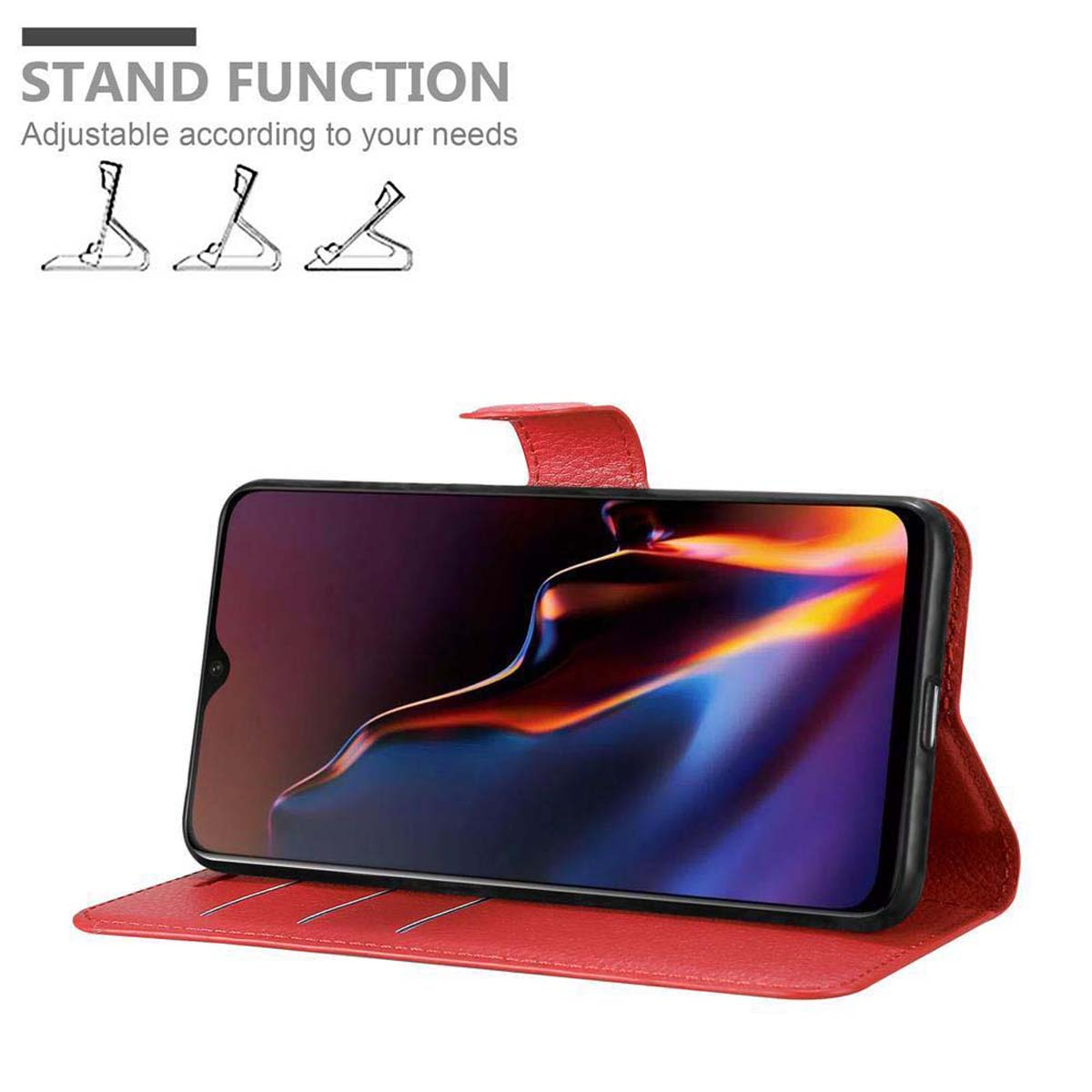 Custodia rossa per telefono in una custodia a portafoglio, con funzione stand. Sfondo bianco con illustrazioni.