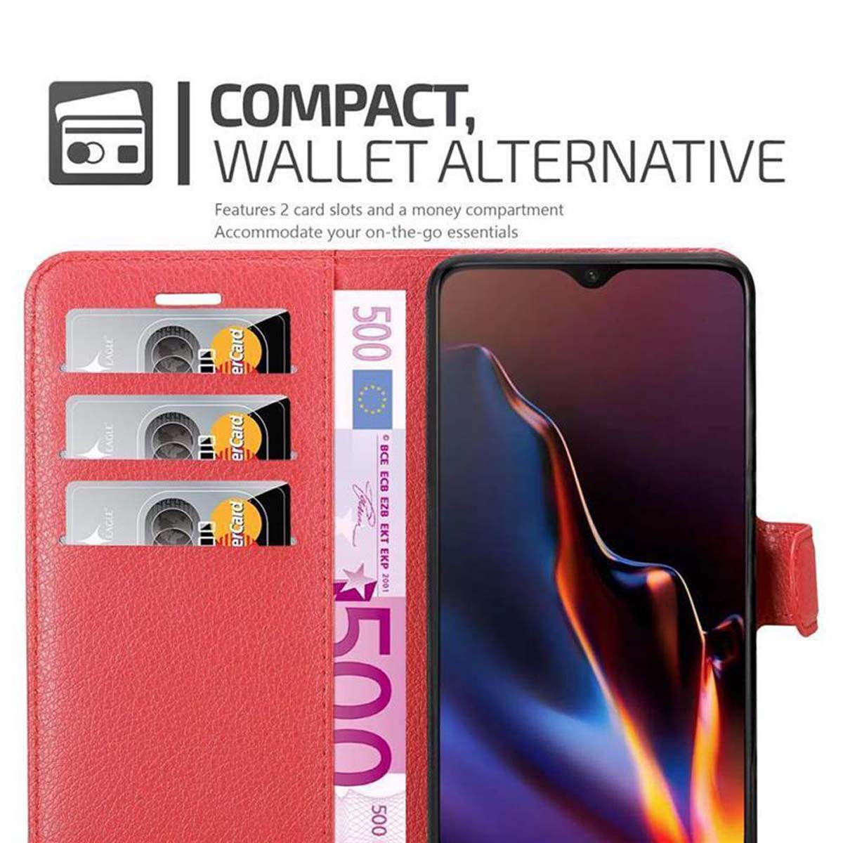 Custodia per telefono rossa, stile portafoglio. Dispone di 2 slot per carte e un vano portamonete. Un telefono è all'interno.