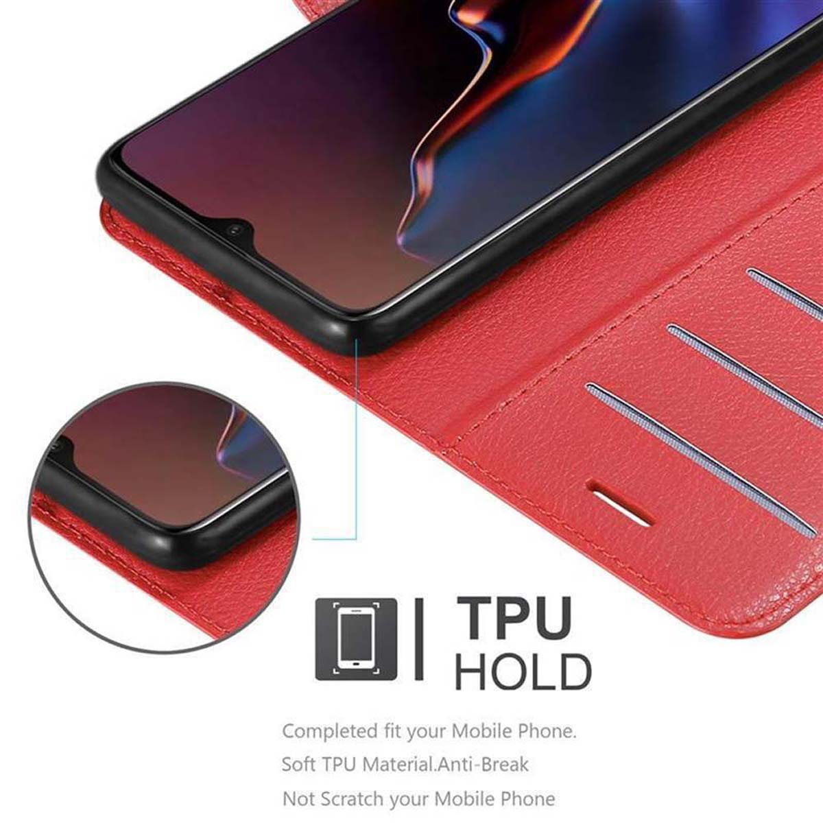 Una custodia rossa con il telefono all'interno. Il testo TPU HOLD è sulla custodia e un po' di sfondo bianco.