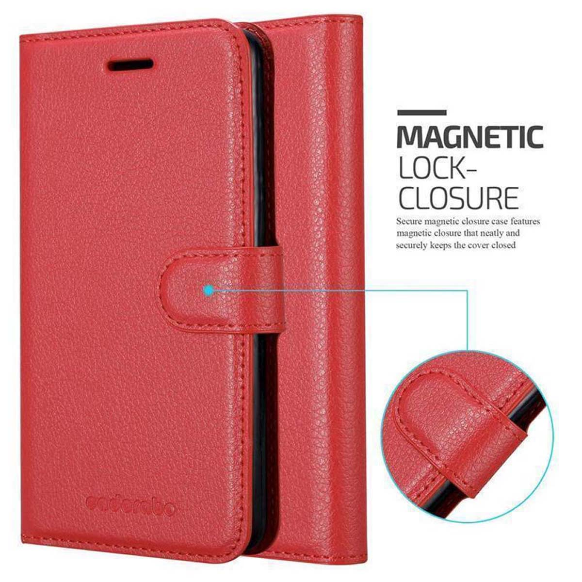 Una custodia per telefono rossa con chiusura magnetica e testo sulla funzione.
