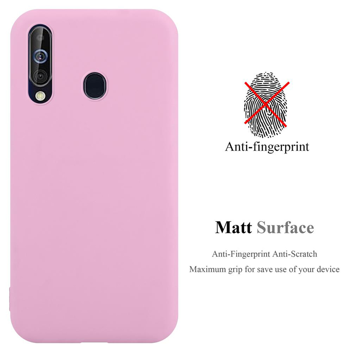 Una custodia per telefono rosa con una superficie anti-impronte e antigraffio. Il testo dice superficie opaca.