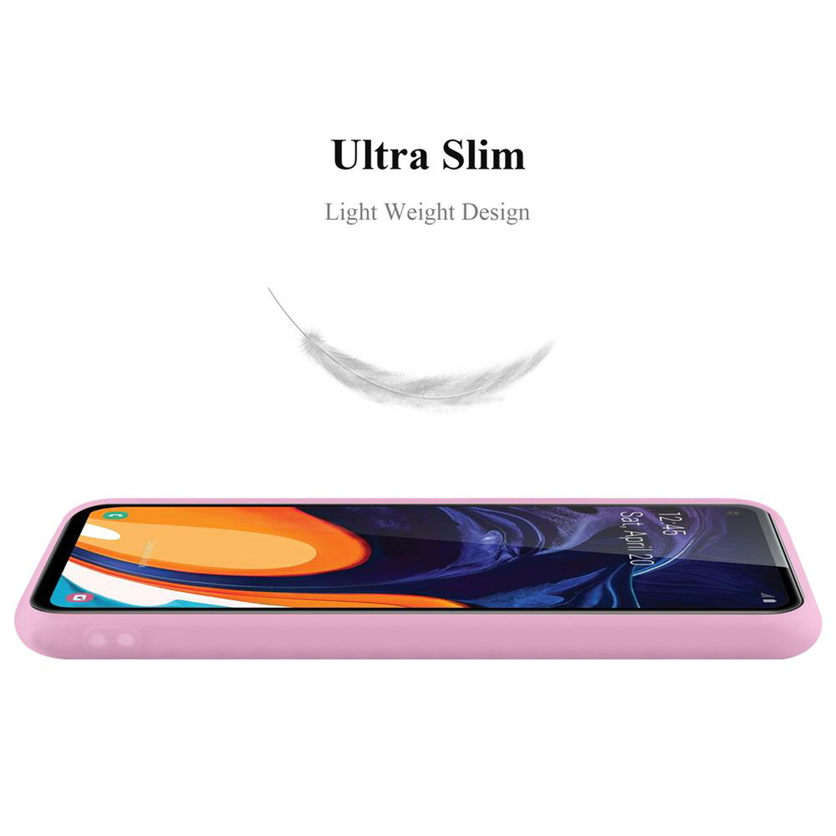 Custodia rosa per telefono, vista laterale. Sfondo bianco con grafica di piuma.