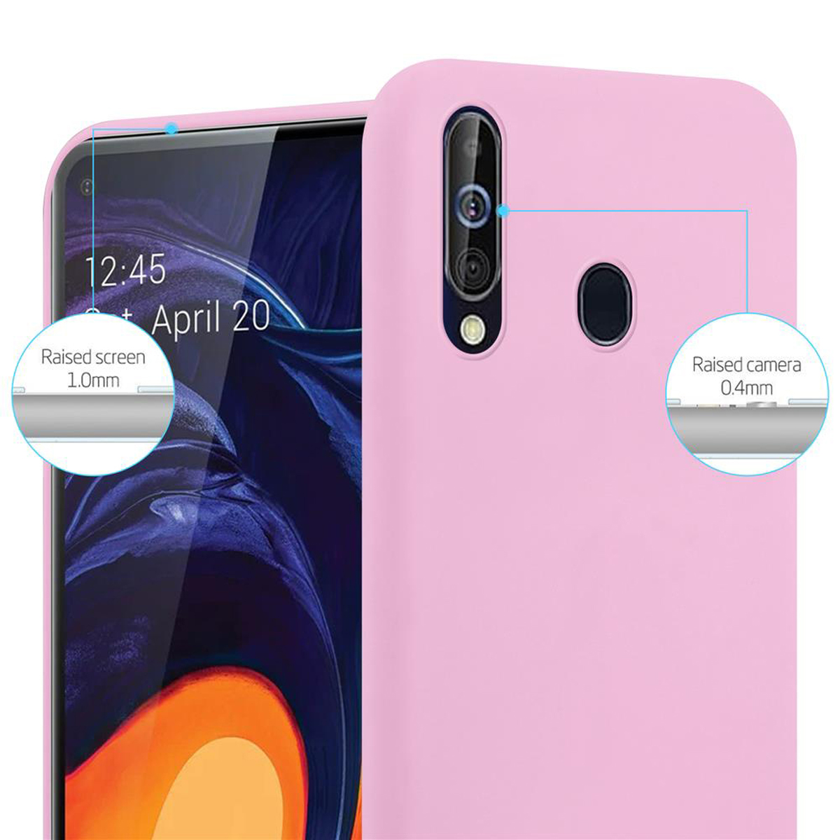Una custodia rosa per telefono con schermo e fotocamera rialzati, che mostra le sue caratteristiche.
