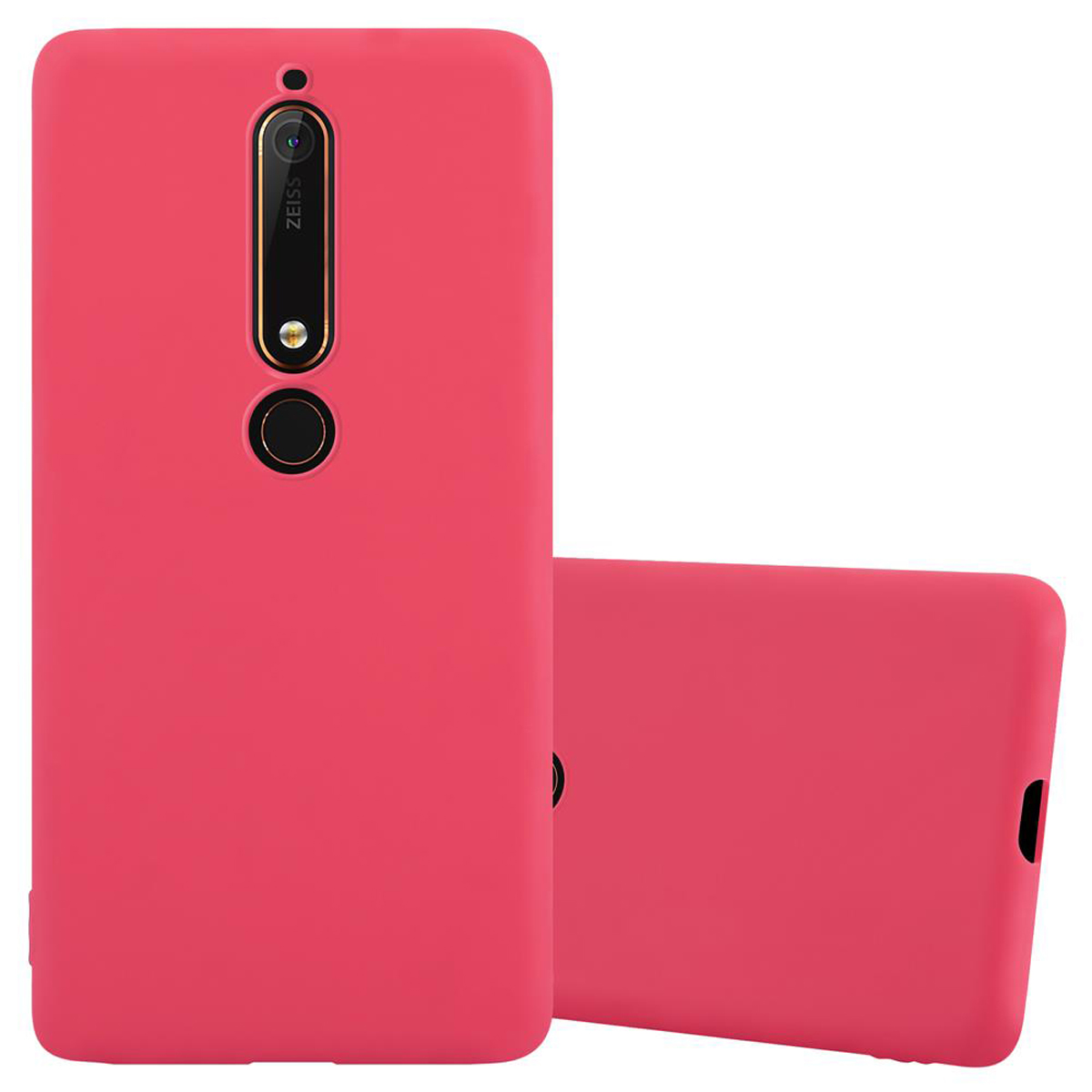 Custodia per telefono rosa con obiettivo della fotocamera. Una seconda custodia rosa dietro. Sfondo bianco.
