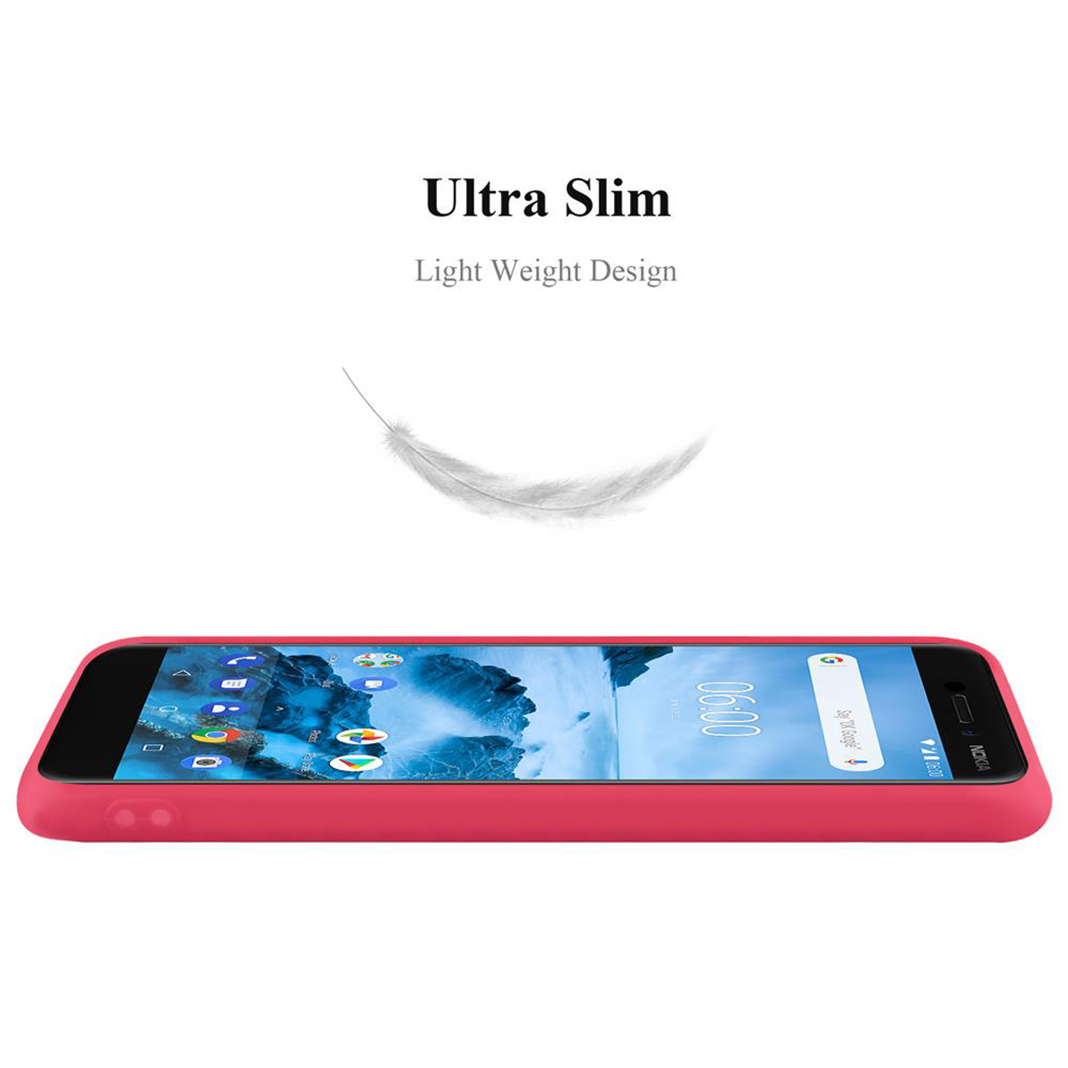 Custodia per telefono rosa con un telefono all'interno. Il telefono mostra la schermata iniziale.