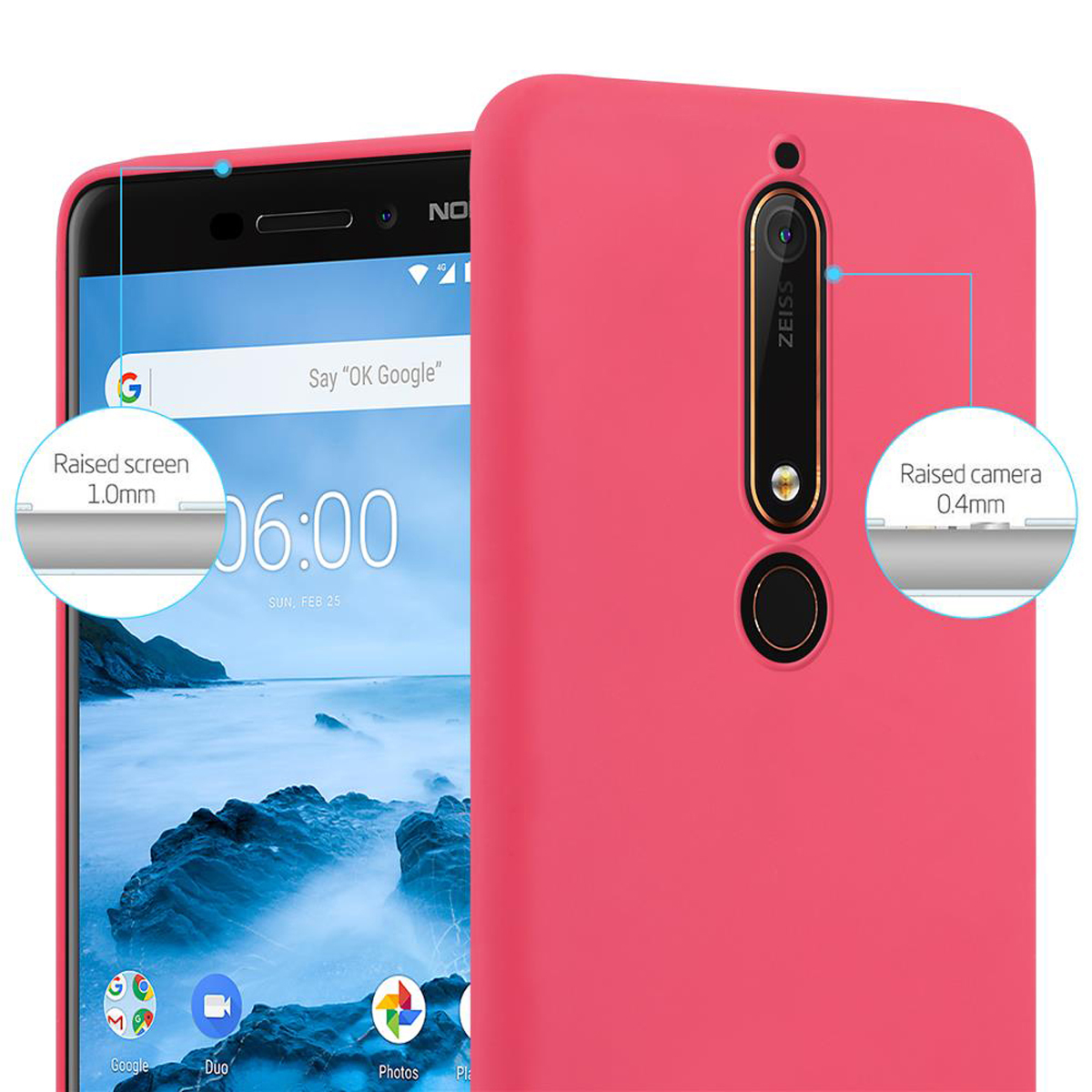 Una custodia rosa per telefono con un telefono all'interno. Cerchi bianchi evidenziano schermo e fotocamera.