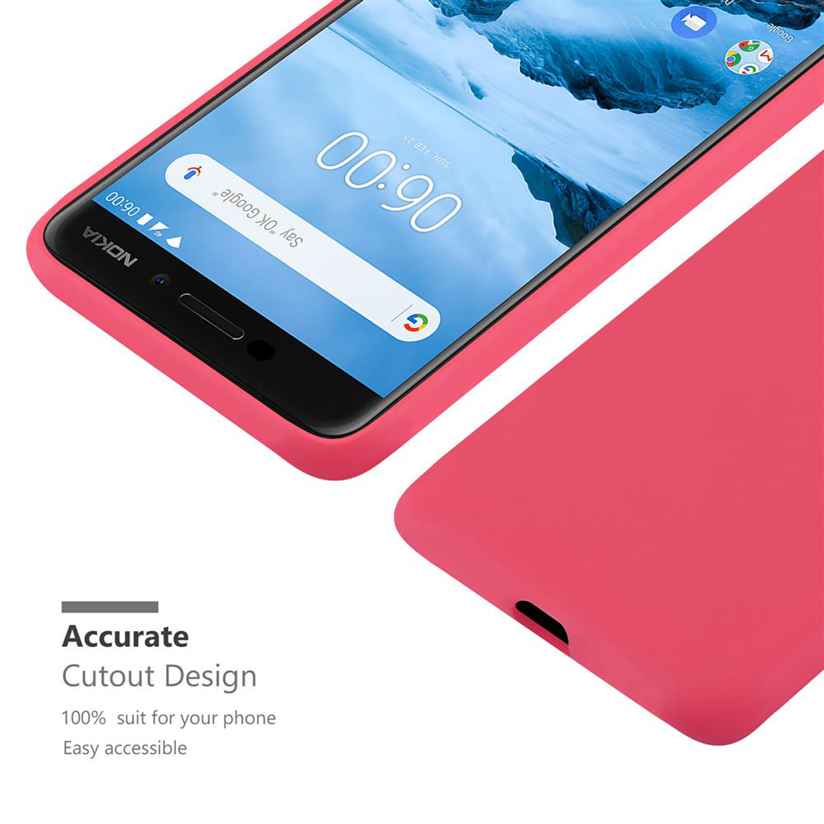 Primo piano di telefono e custodia rosa. Il telefono mostra l'ora. Testo sul design preciso.