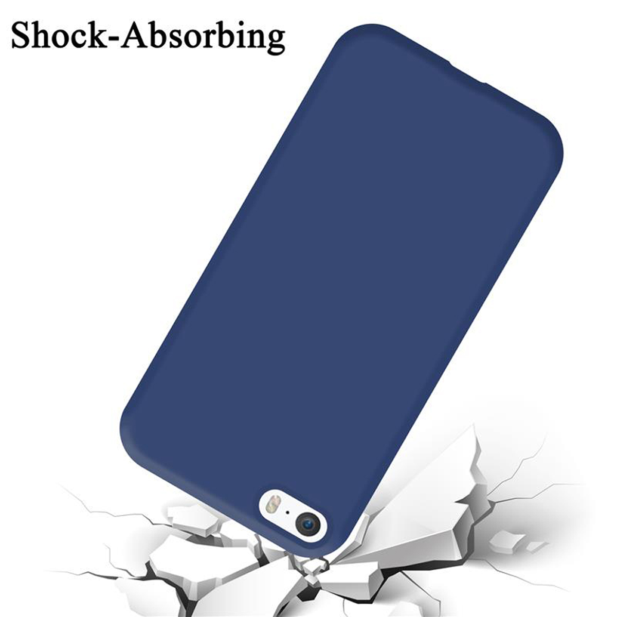 Eine blaue Handyhülle fällt und zerbricht eine weiße Oberfläche. Text: Stoßdämpfend.