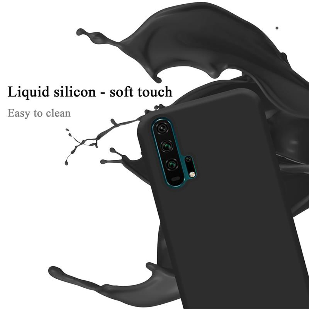 Custodia per telefono nera con schizzo di liquido. Testo: Silicone liquido - soft touch, facile da pulire.