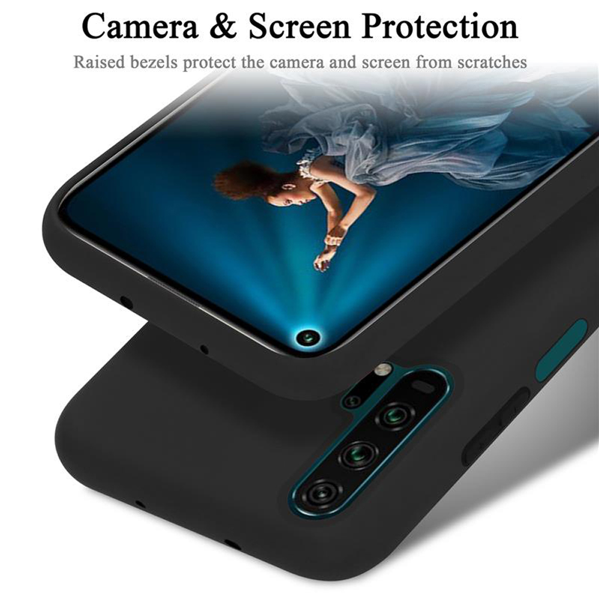 Custodia nera per telefono che protegge lo schermo del telefono. Il testo dice protezione fotocamera e schermo.