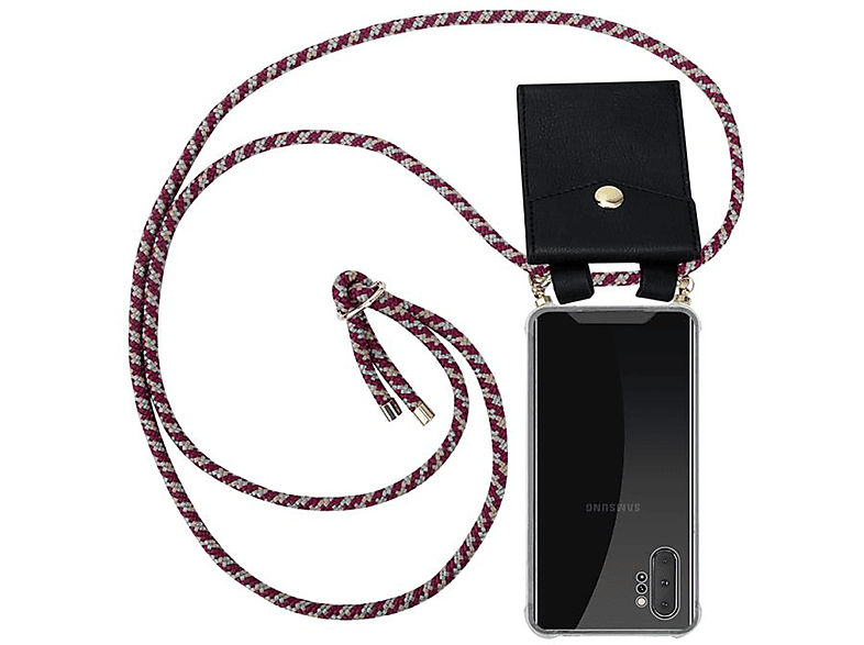 CADORABO Handy Kette mit Gold Ringen, Kordel Band und abnehmbarer Hülle, Backcover, Samsung, Galaxy NOTE 10 PLUS, ROT GELB WEIß