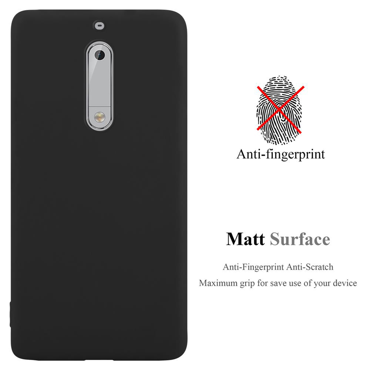Schwarze Handyhülle mit durchgestrichenem Fingerabdrucksymbol. Text: Anti-Fingerprint Matt Surface.