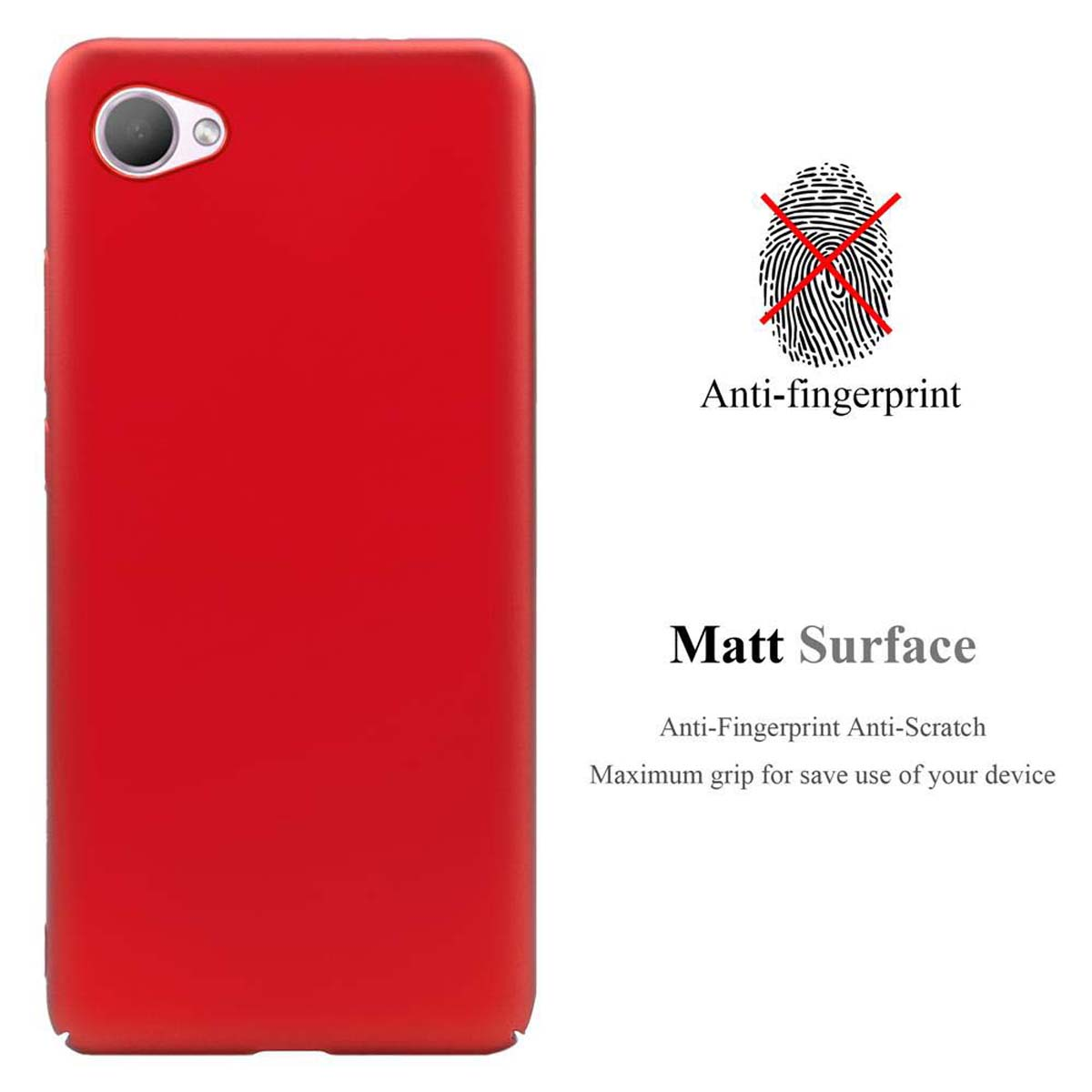 Rote Handyhülle. Der Text 'Anti-Fingerprint' und 'Matt Surface' wird angezeigt. Keine Fingerabdrücke auf der Hülle.