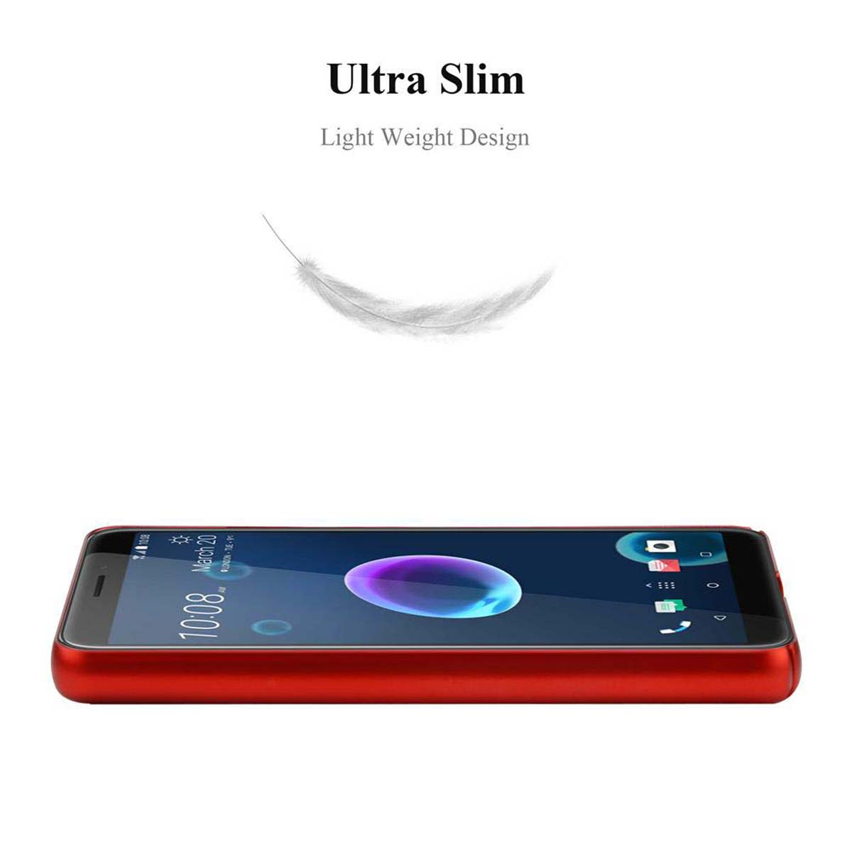 Rotes Telefon auf einem Tisch, von der Seite gesehen. Eine Feder schwebt über dem Telefon.
