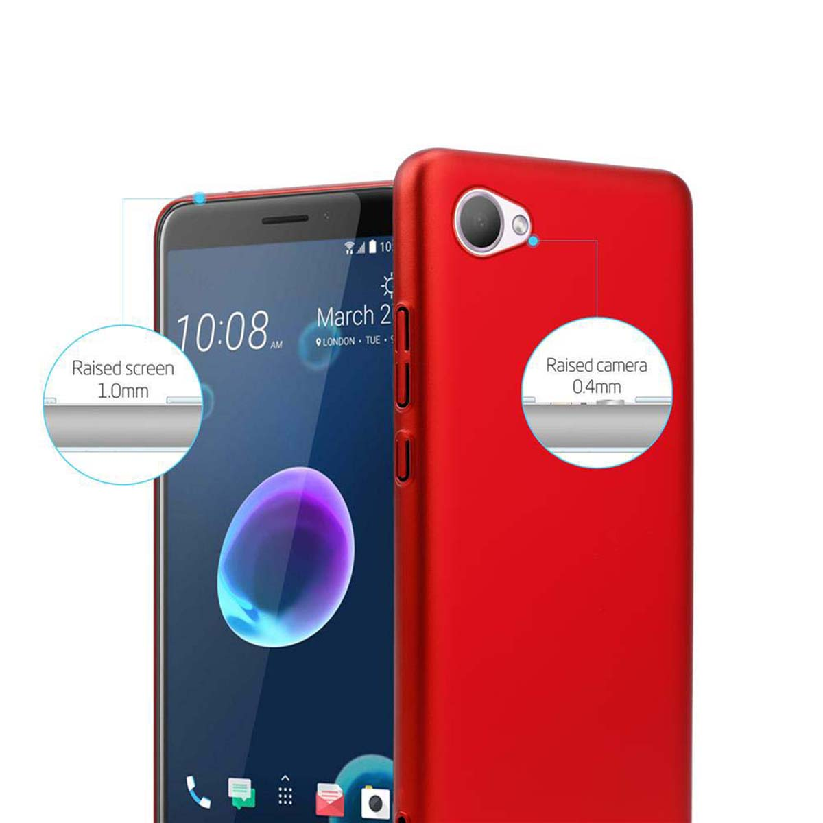Rotes Telefon mit roter Hülle. Details zum erhöhten Bildschirm und der Kamera werden gezeigt.