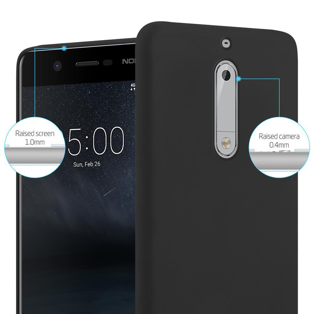 Eine schwarze Handyhülle mit einem Telefon. Der Bildschirm und die Kamera sind detailliert.