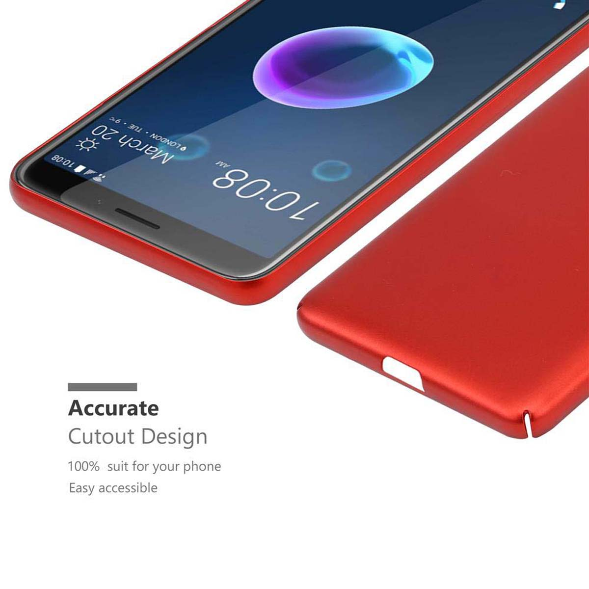 Eine rote Handyhülle mit Telefon. Text: "Accurate Cutout Design". Das Telefon zeigt eine Uhr.