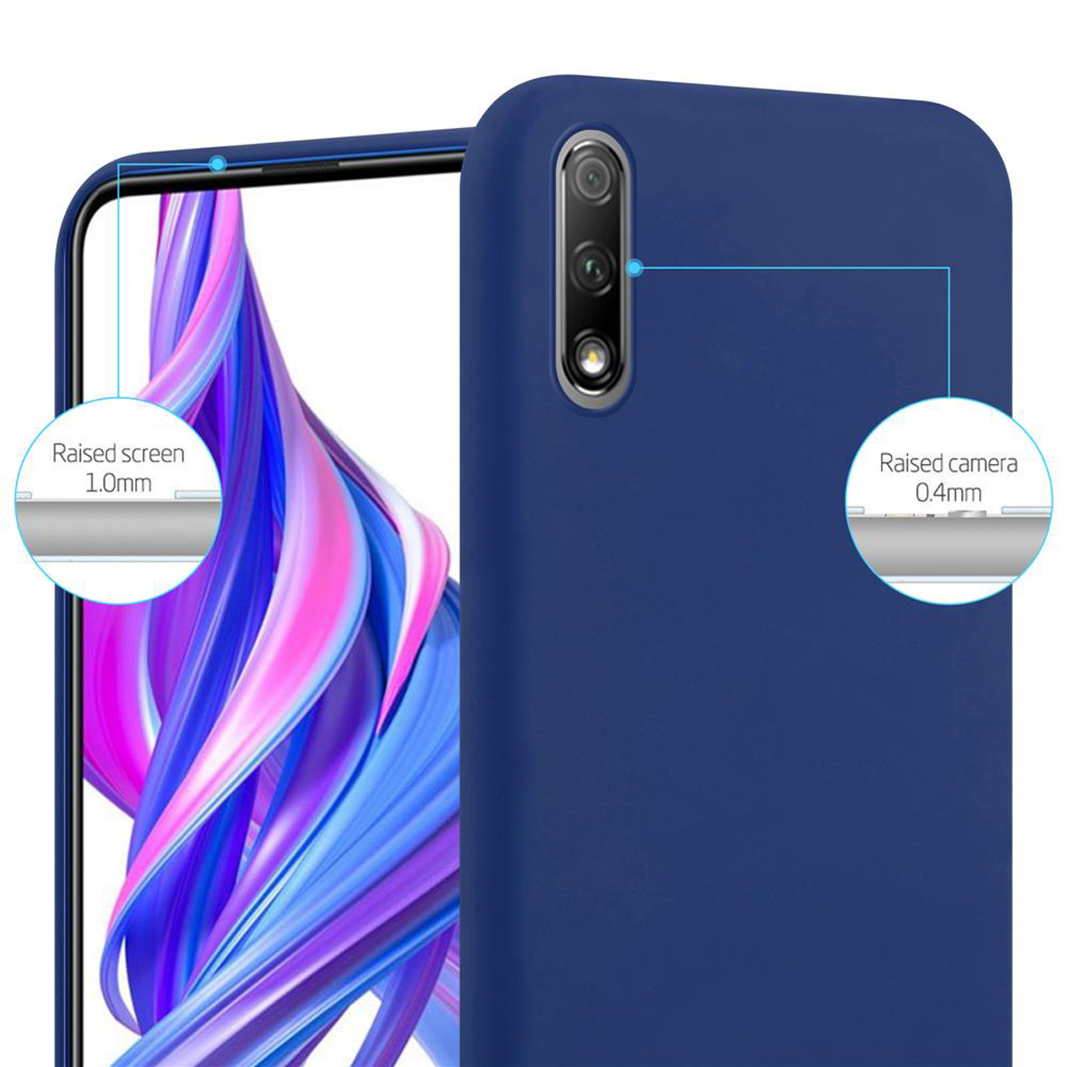 Custodia blu con bordi rialzati per schermo e fotocamera. La fotocamera ha tre lenti.