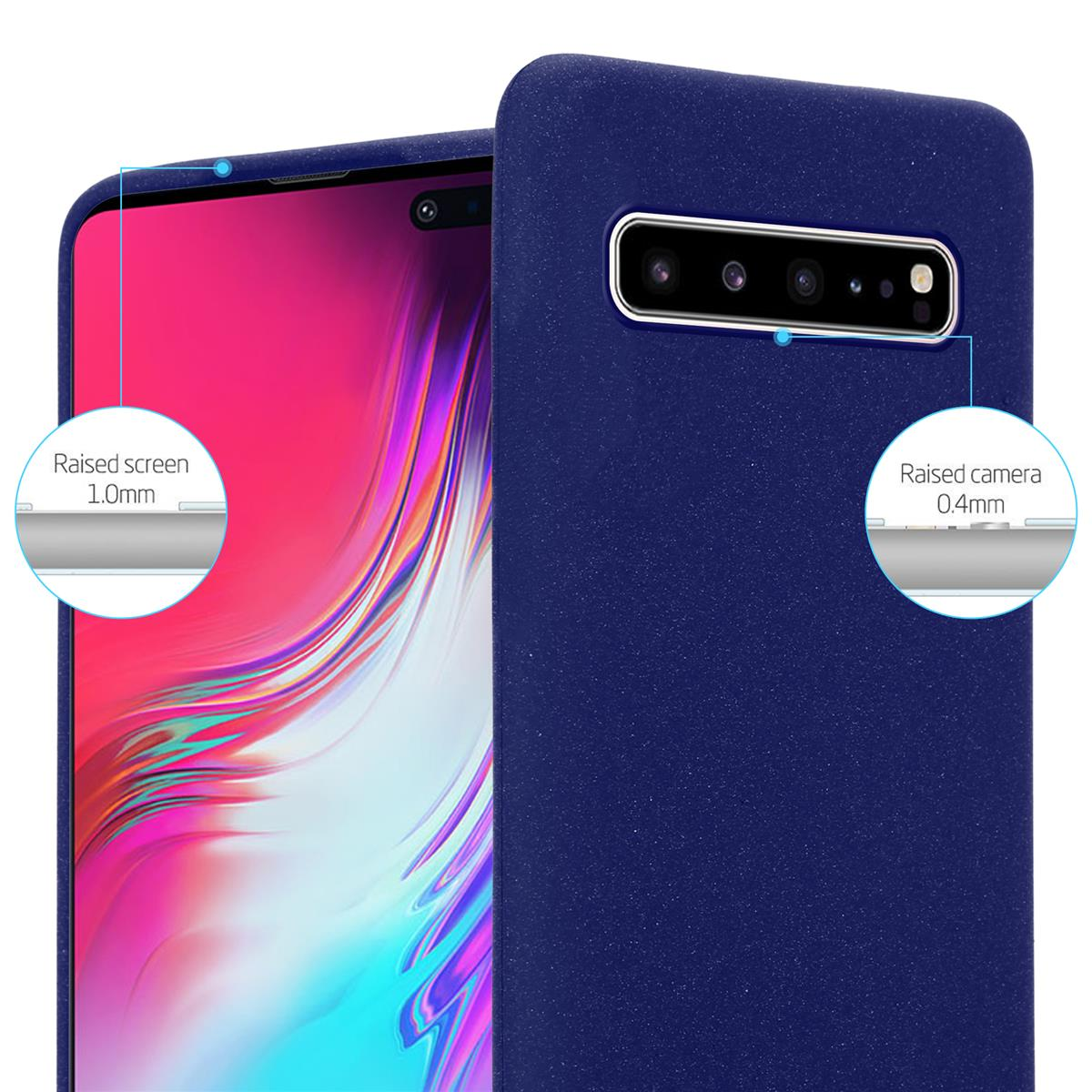 Una custodia per telefono blu con un telefono all'interno. Il testo indica schermo e fotocamera rialzati.
