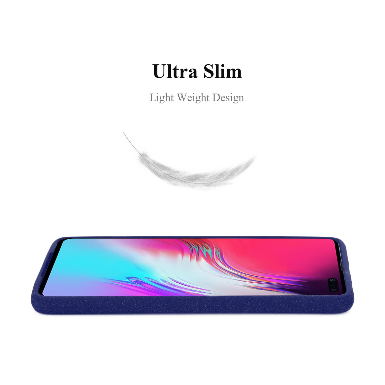 Una custodia blu per telefono. Testo: Design ultraleggero e sottile. Una piuma fluttua sopra il telefono.