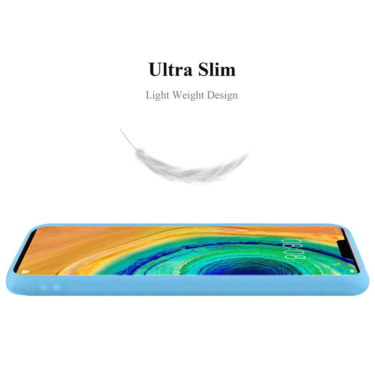 Una cover azzurra con telefono. Design ultra sottile e leggero.