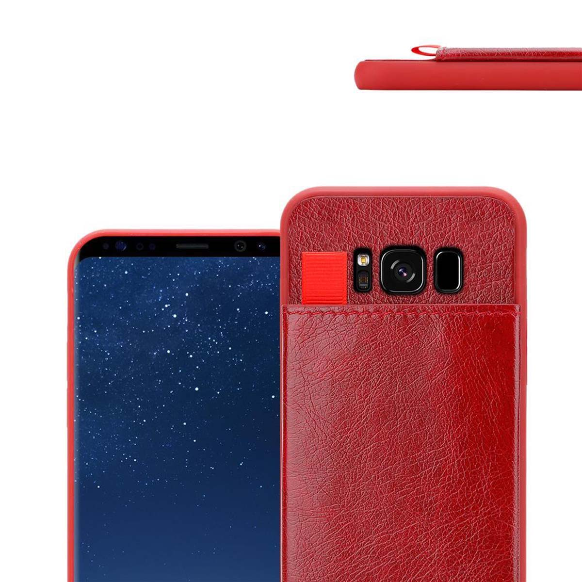 Rote Handyhülle mit einem Telefon darin. Ein Kartensteckplatz ist vorhanden. Das Telefon hat einen bunten Bildschirm.