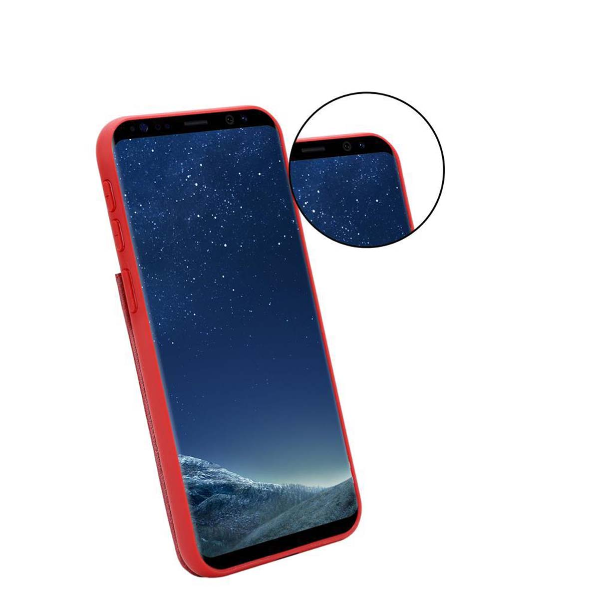 Rote Handyhülle mit Handy. Der Bildschirm zeigt eine Nachthimmelansicht.