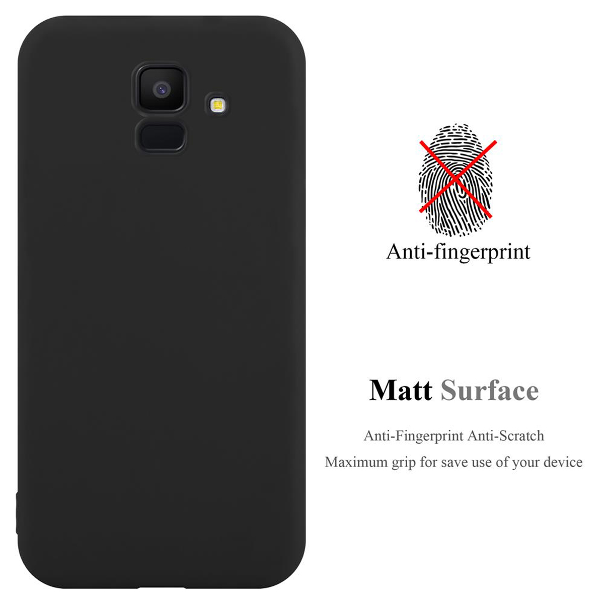 Schwarze Handyhülle mit Fingerabdruckkreuz und Text "Matt Surface". Weißer Hintergrund.