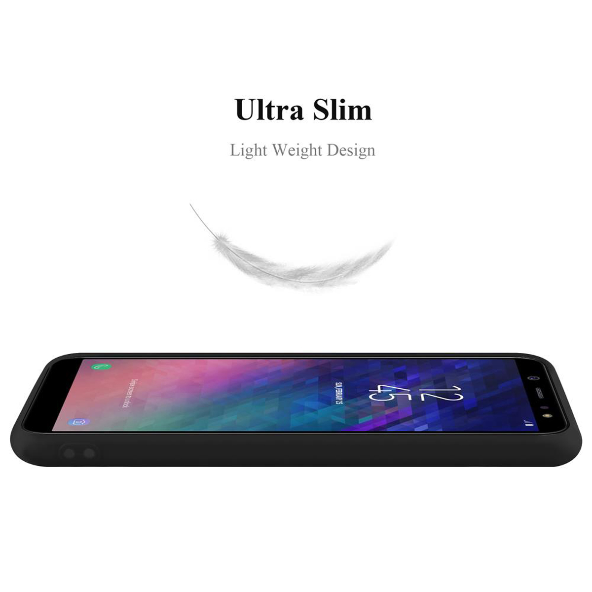 Schwarzes Telefon mit schlankem Design, weiße Feder schwebt darüber, weißer Hintergrund.