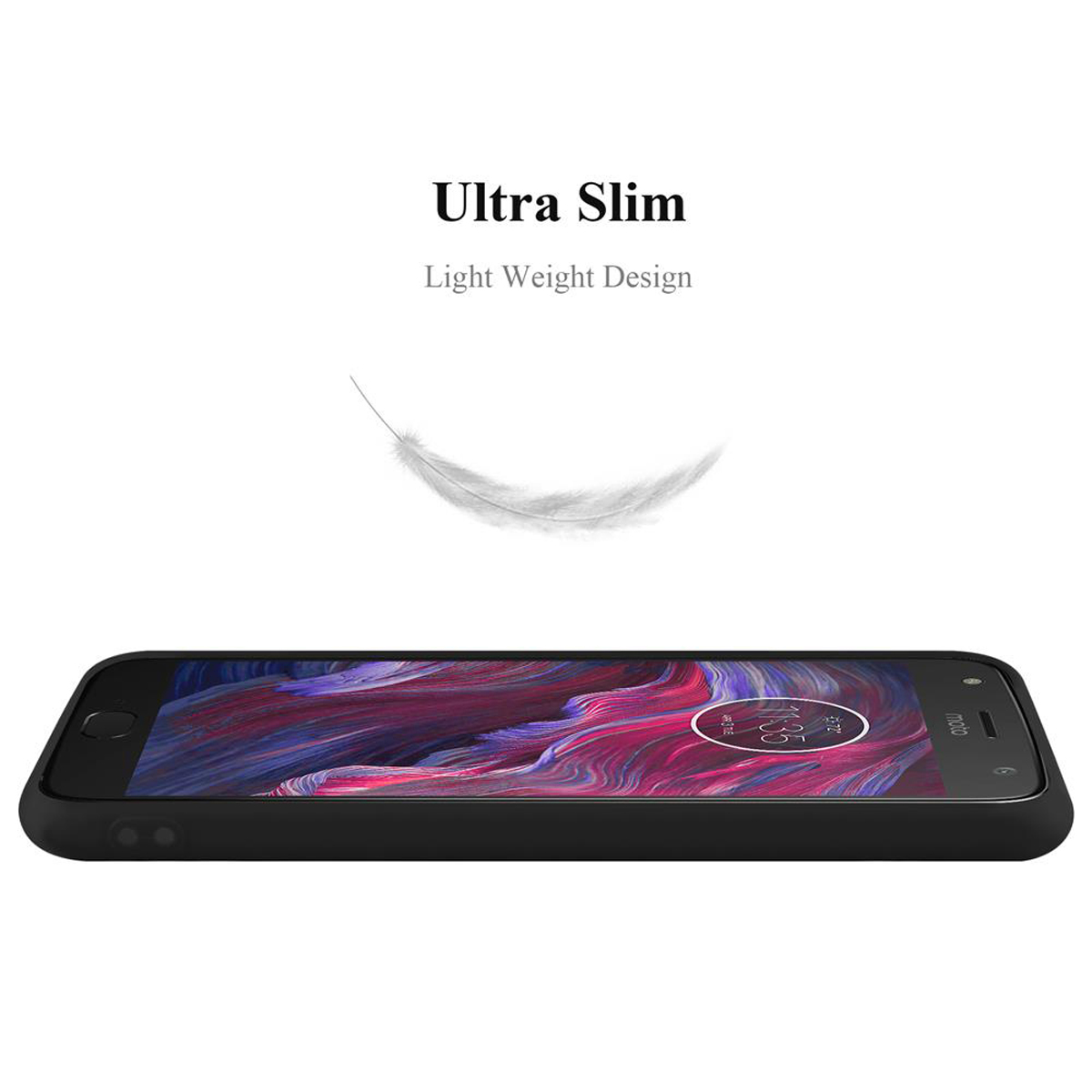 Un telefono nero appoggiato su un lato, con le parole 'Ultra Slim Light Weight Design' sopra.