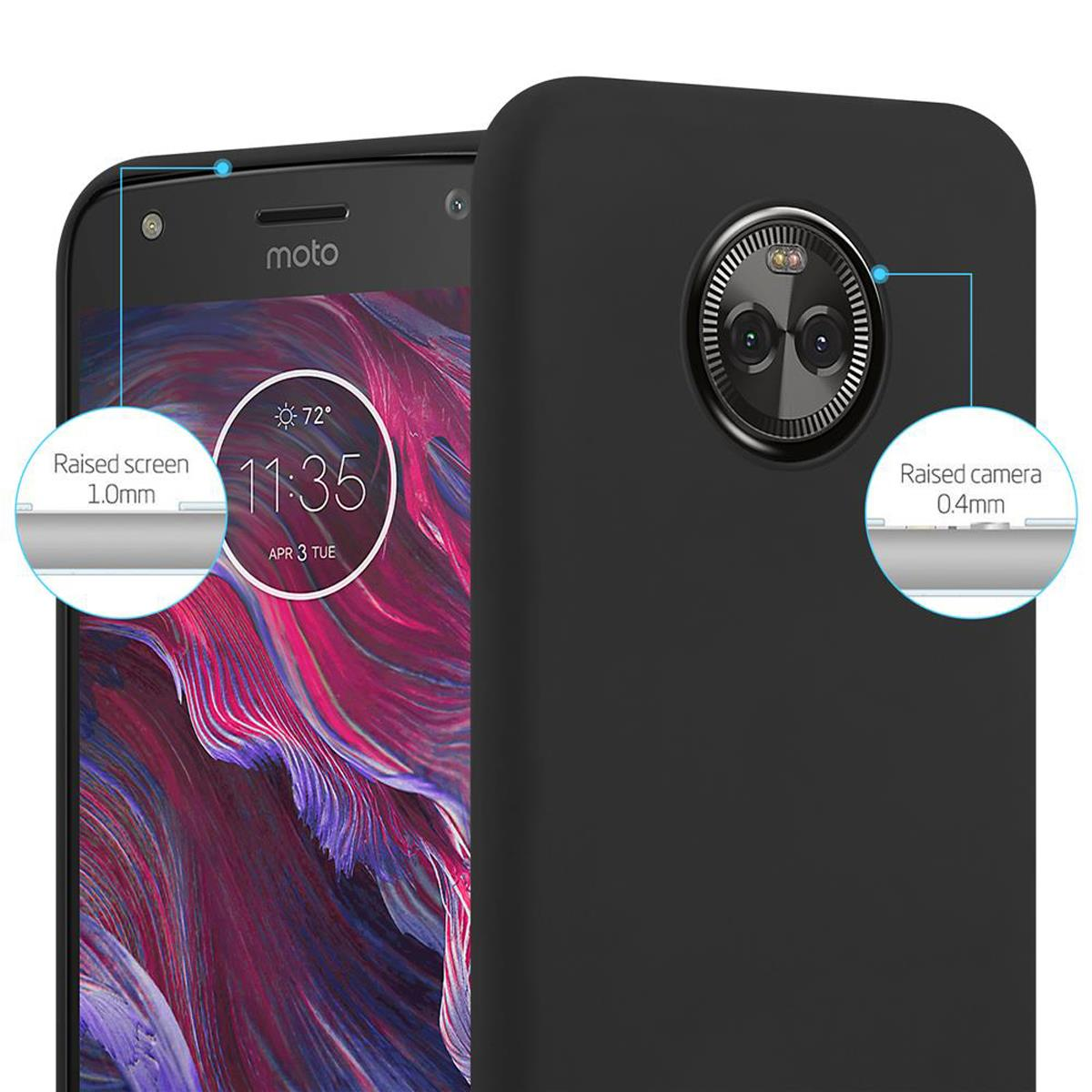 Custodia nera per telefono. Lo schermo e la fotocamera sono rialzati. Il testo mostra le misure dei bordi dello schermo e della fotocamera.