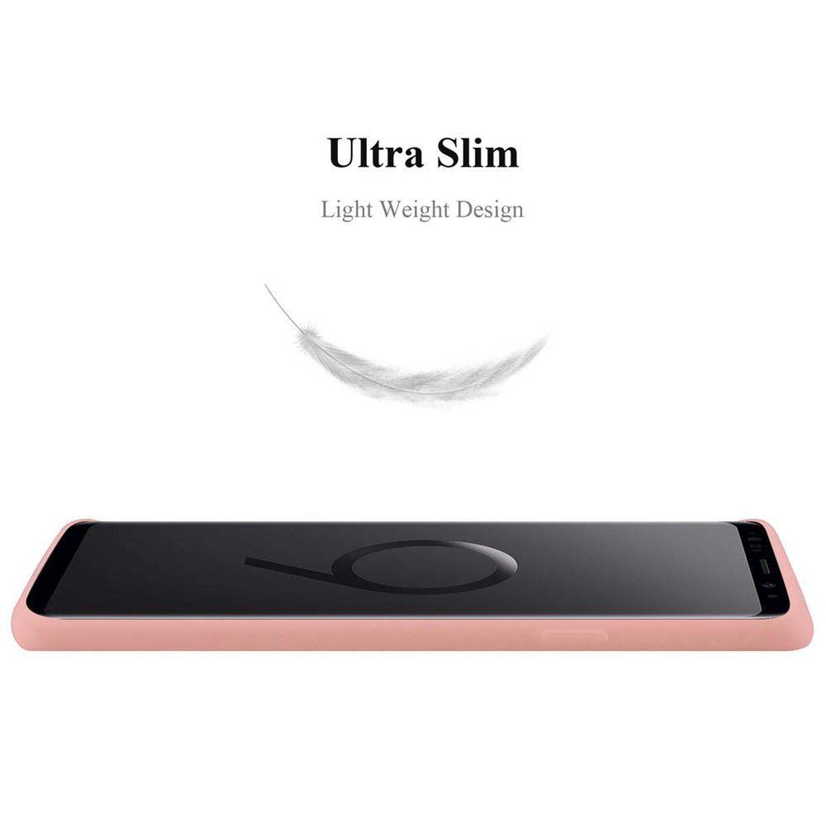 Una custodia per telefono rosa e una piuma che fluttua sopra su sfondo bianco.
