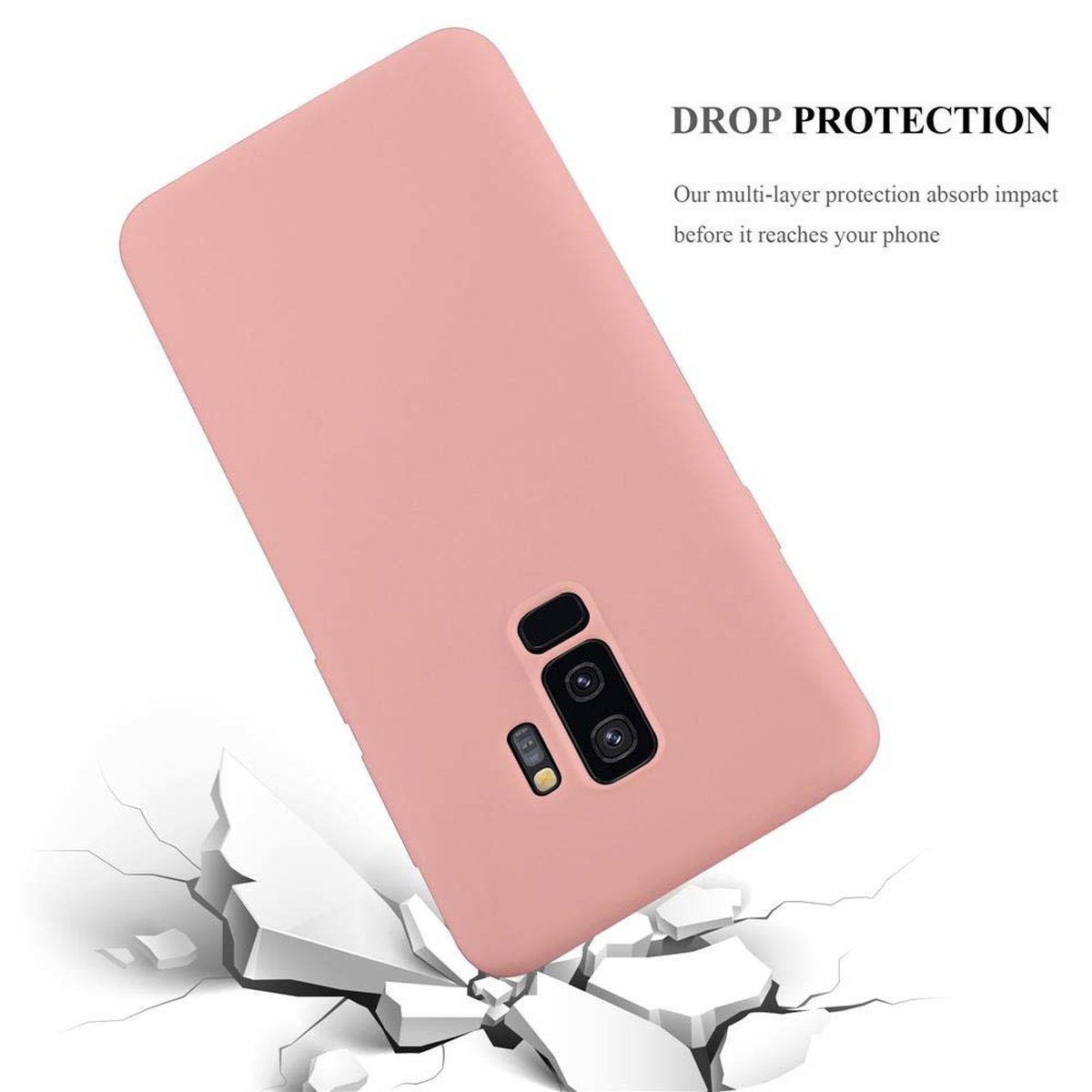 Custodia rosa per telefono, angolata, su bianco con superficie incrinata. Testo: PROTEZIONE CADUTA.