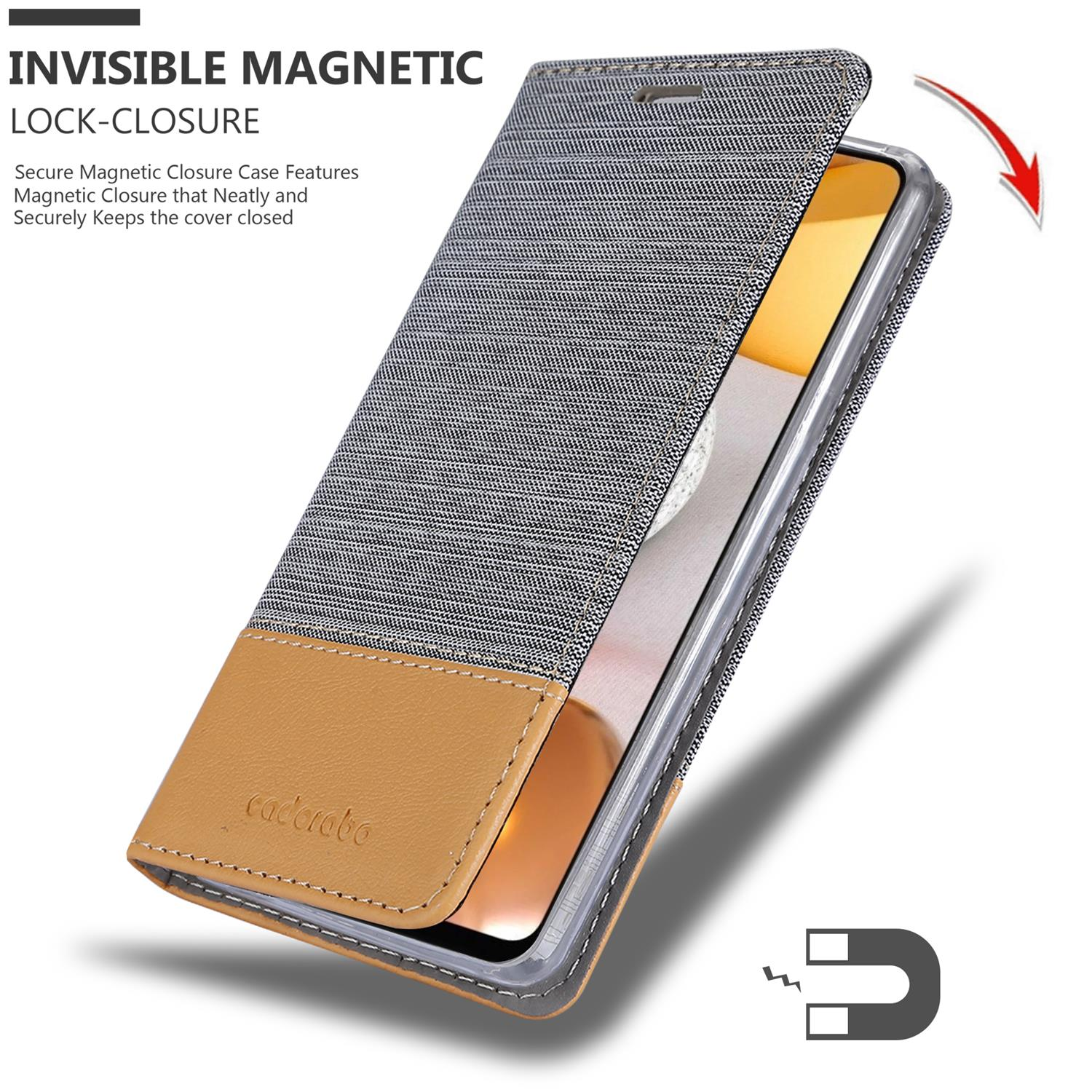 Una custodia per telefono è aperta. È grigia e marrone con un telefono all'interno. Viene mostrato un magnete.
