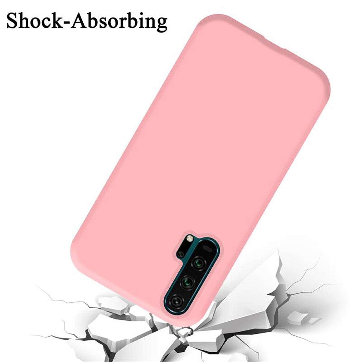 Eine pinkfarbene Handyhülle, die auf eine zerbrochene Oberfläche fällt. Das Telefon befindet sich in der Mitte.