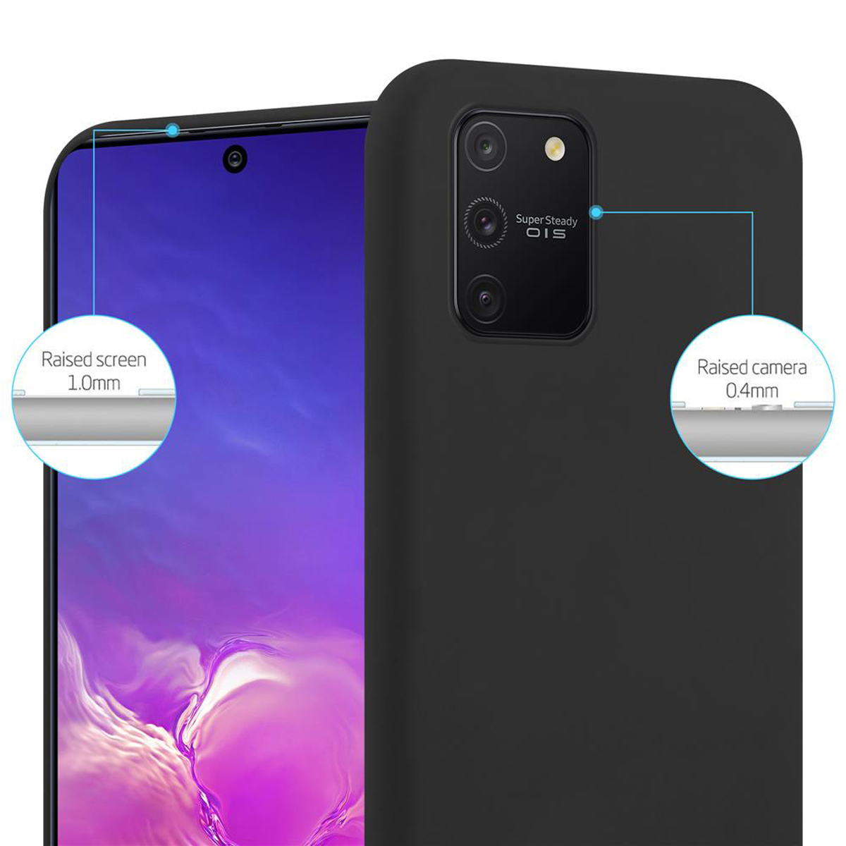 Una custodia nera per telefono che mostra lo schermo e la fotocamera rialzati, insieme al testo.