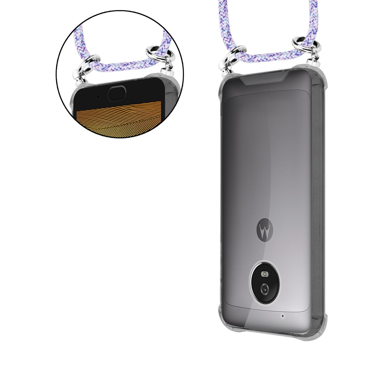 Telefon mit lila und weißem Umhängeband und durchsichtiger Hülle.
