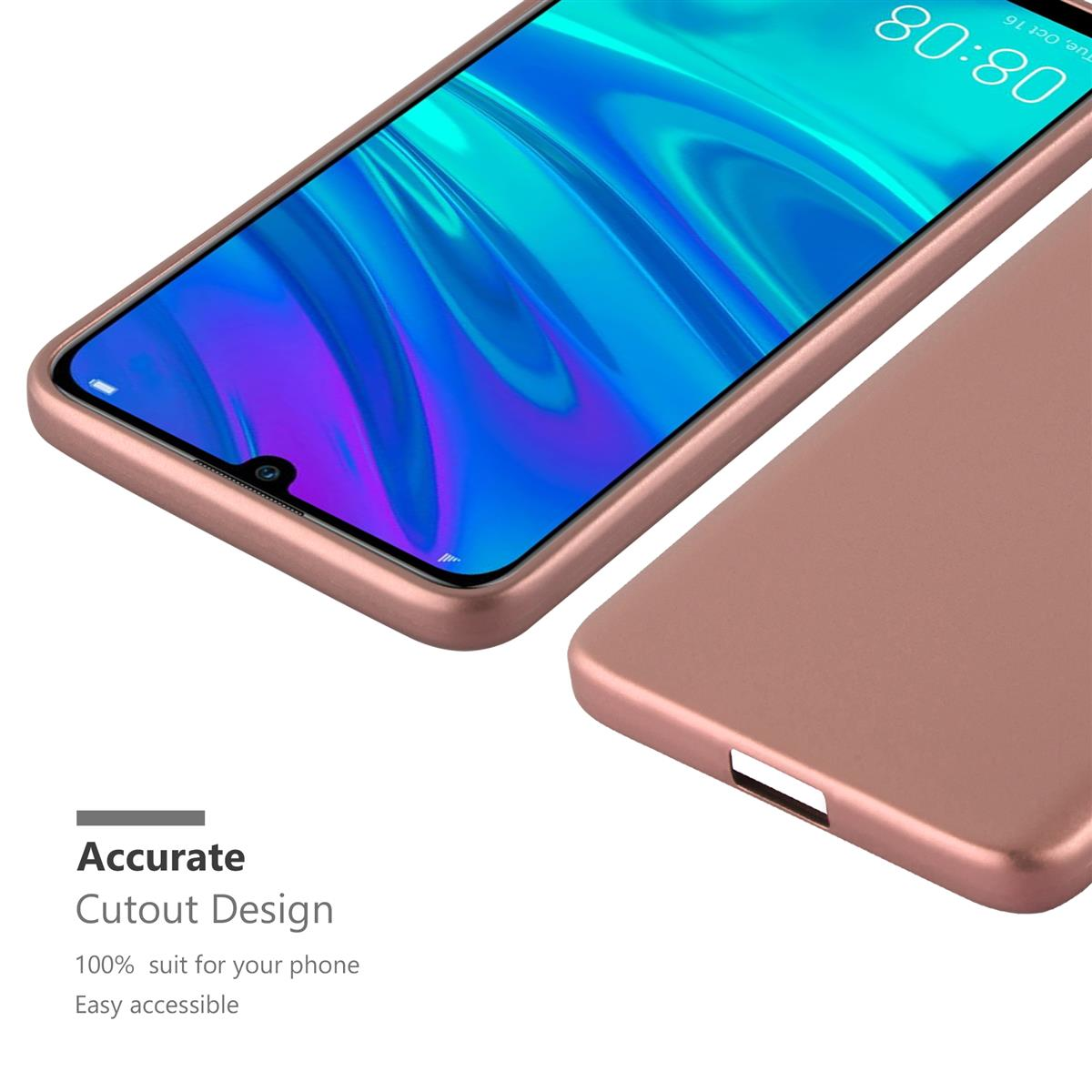 Primo piano di una custodia e un telefono color oro rosa. Lo schermo mostra l'ora 08:08.