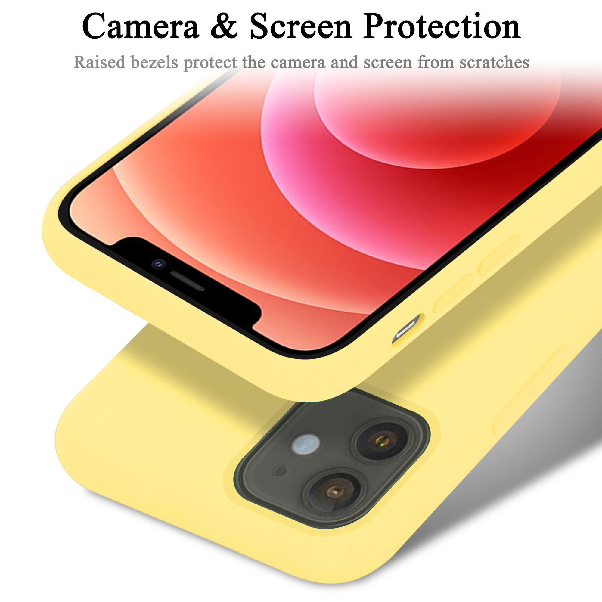 Eine gelbe Handyhülle schützt ein Telefon. Nahaufnahme der Kamera und des Bildschirms.