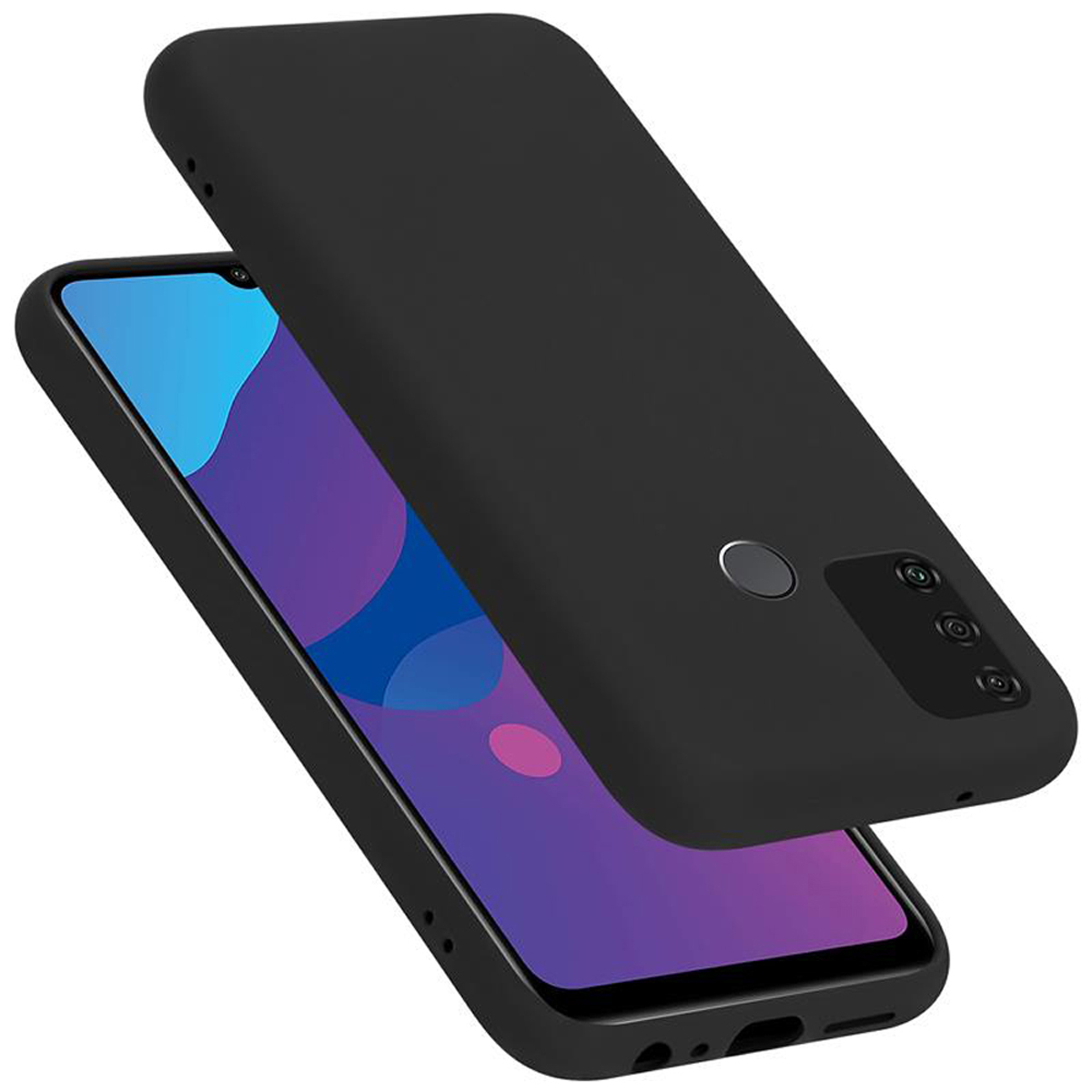 Schwarzes Telefon mit schwarzer Hülle. Die Hülle ist schlicht und hat Kamera- und Lautsprecherlöcher.