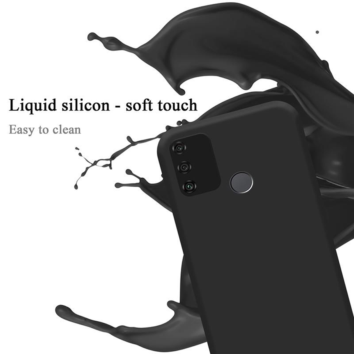 Schwarze Handyhülle mit Flüssigsilikon, Soft-Touch und leicht zu reinigen.