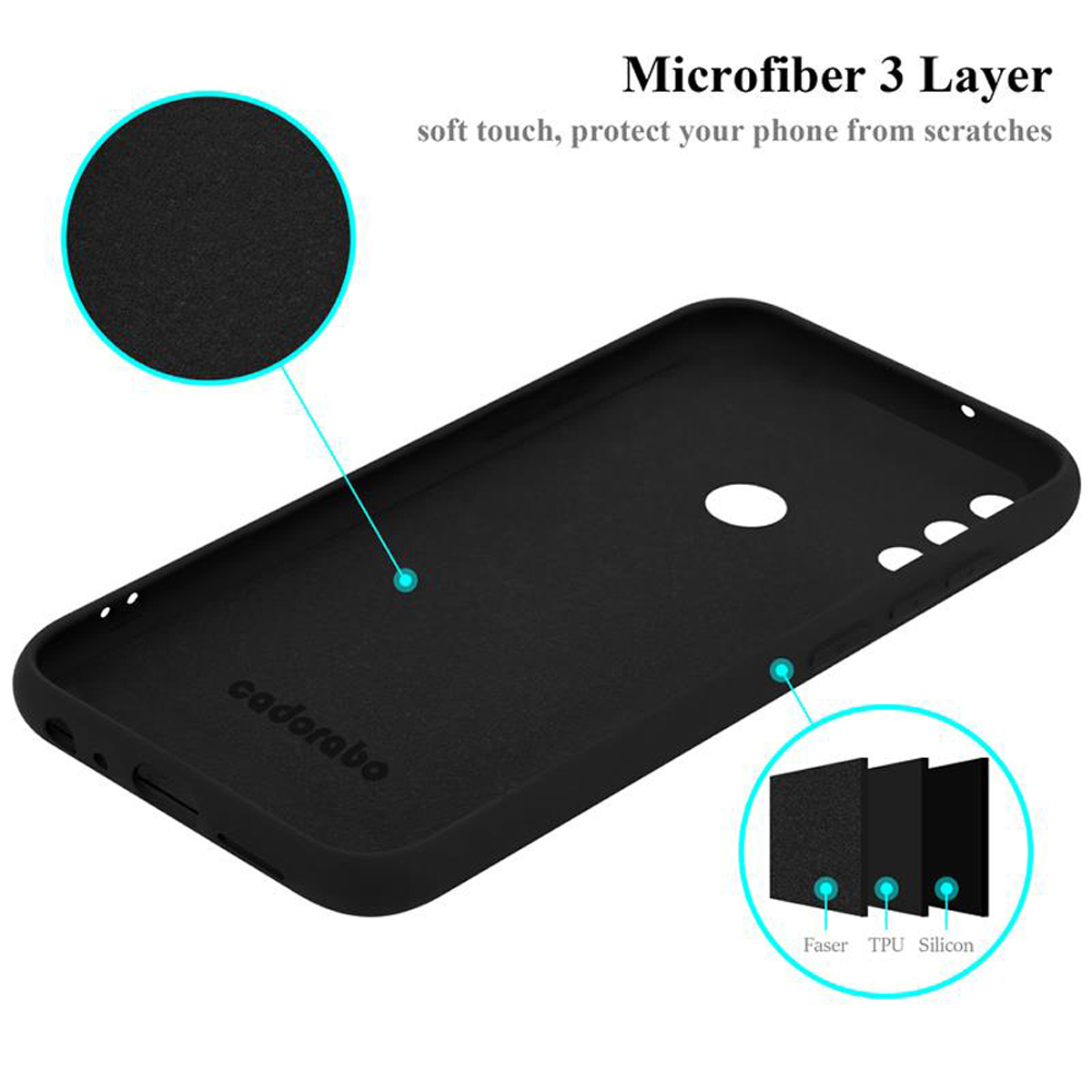 Schwarze Handyhülleninnenseite mit Schichten. Es ist eine Mikrofaser-3-Schicht-Handyhülle.