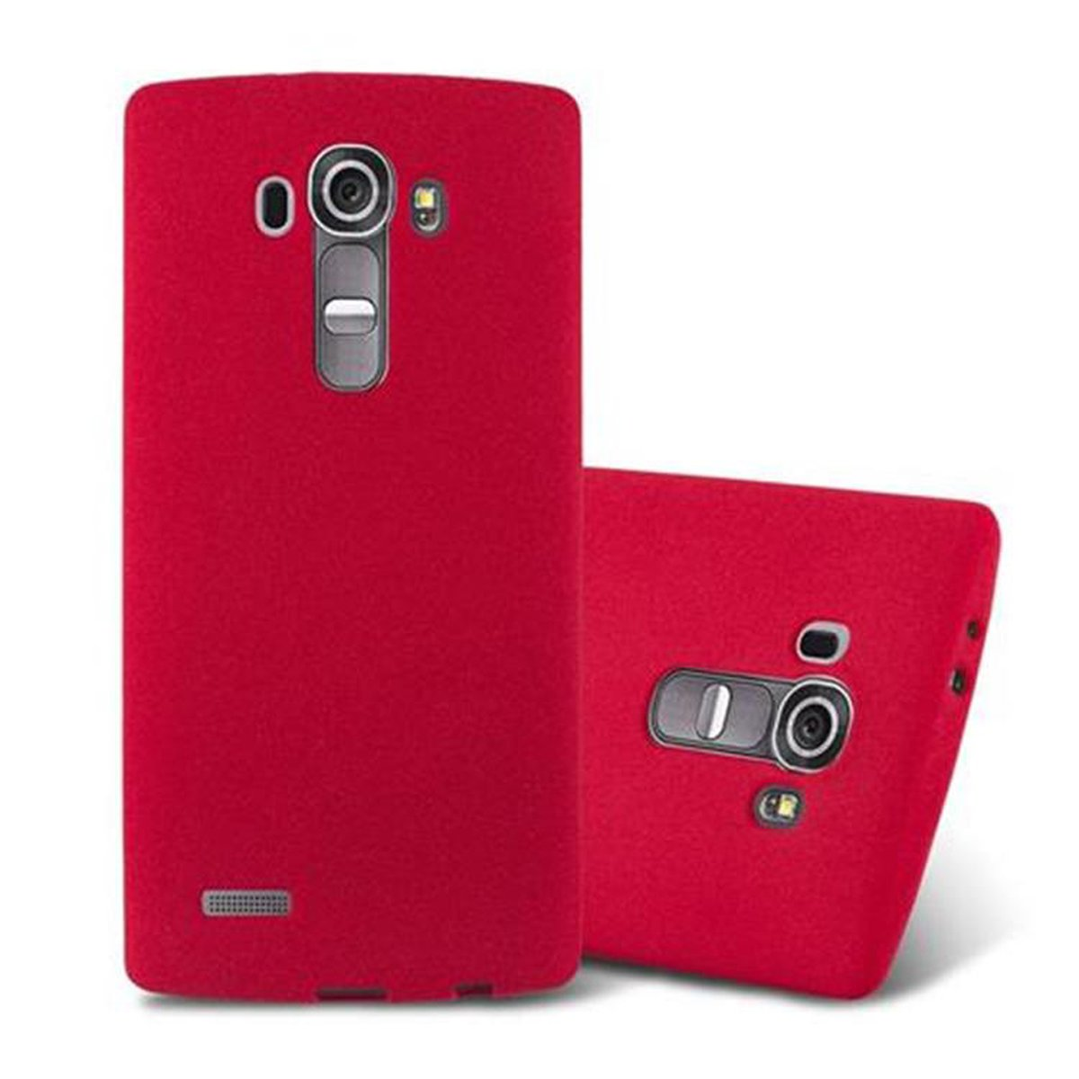 Dos fundas de teléfono rojas. Ambas tienen una cámara, un botón y un altavoz.