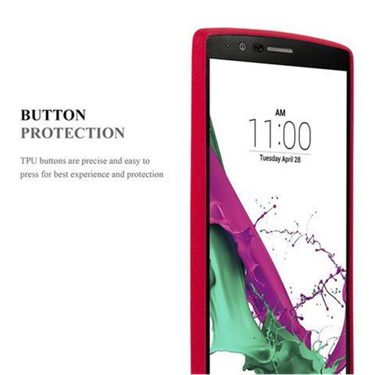 Un teléfono con funda roja, mostrando la pantalla con AM 11:00.