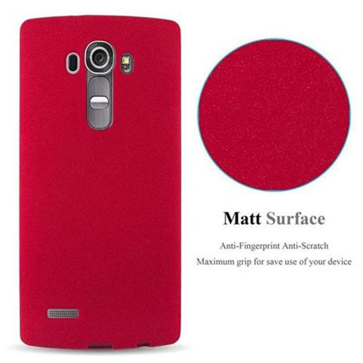 Funda roja para teléfono, superficie mate. Texto: 'Matt Surface', 'Anti-Fingerprint', 'Maximum Grip'.
